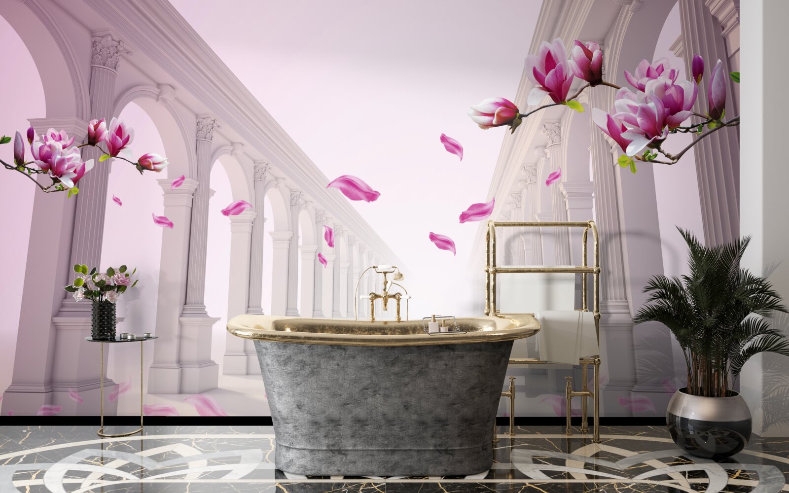 Фотошпалери магнолії утворюють нескінченний тунель, квітучий з пишністю