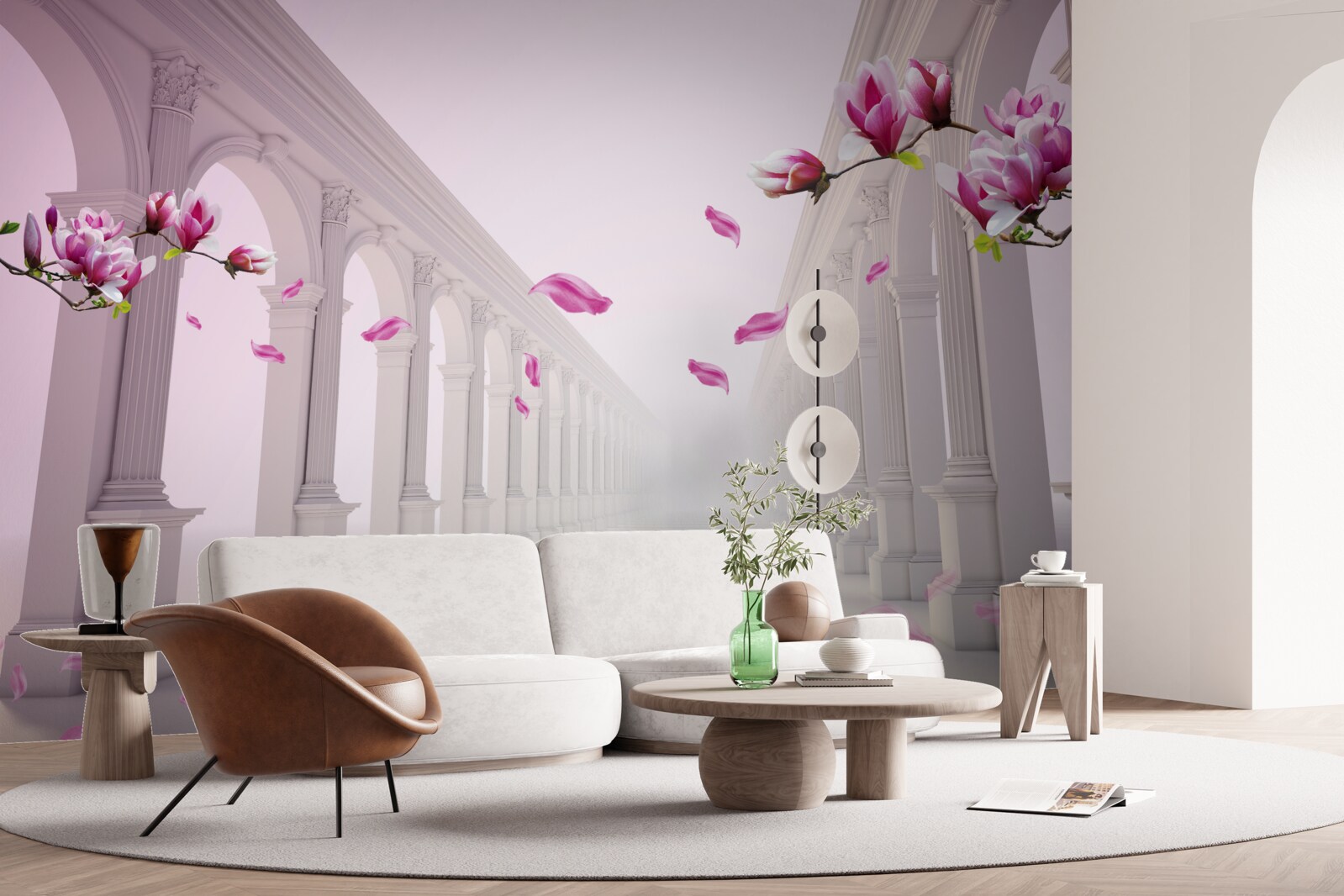 Фотошпалери магнолії утворюють нескінченний тунель, квітучий з пишністю