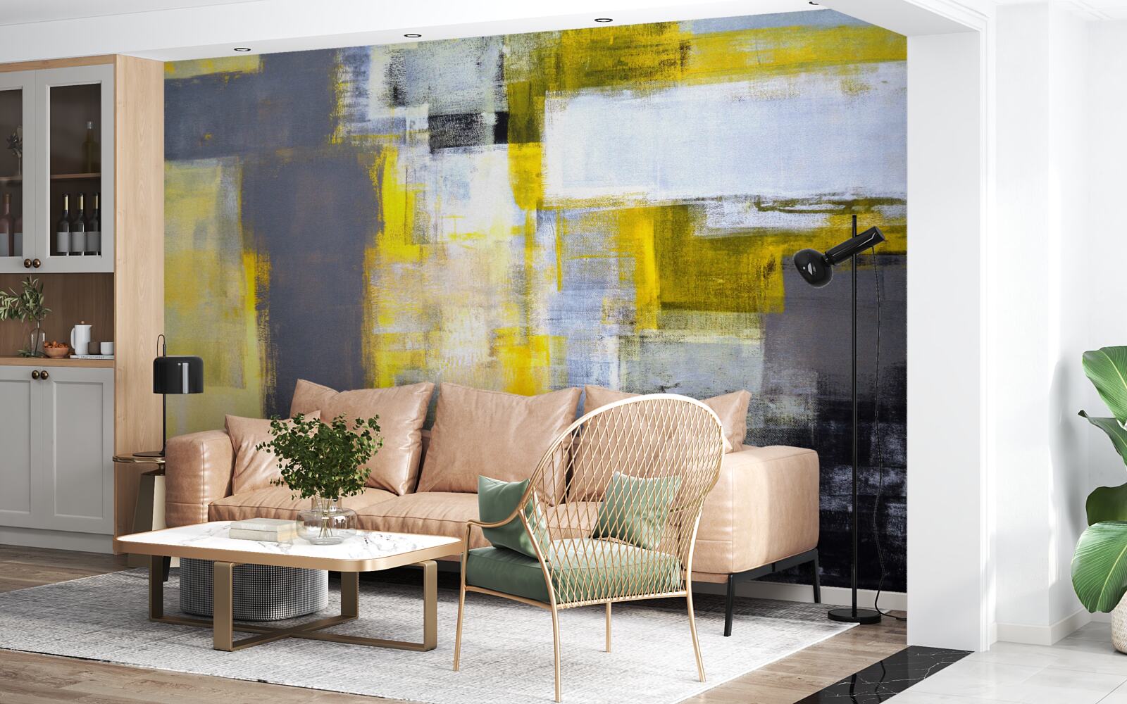 Фотошпалери абстрактний живопис у відтінках жовтого та сірого, виконаний фарбами