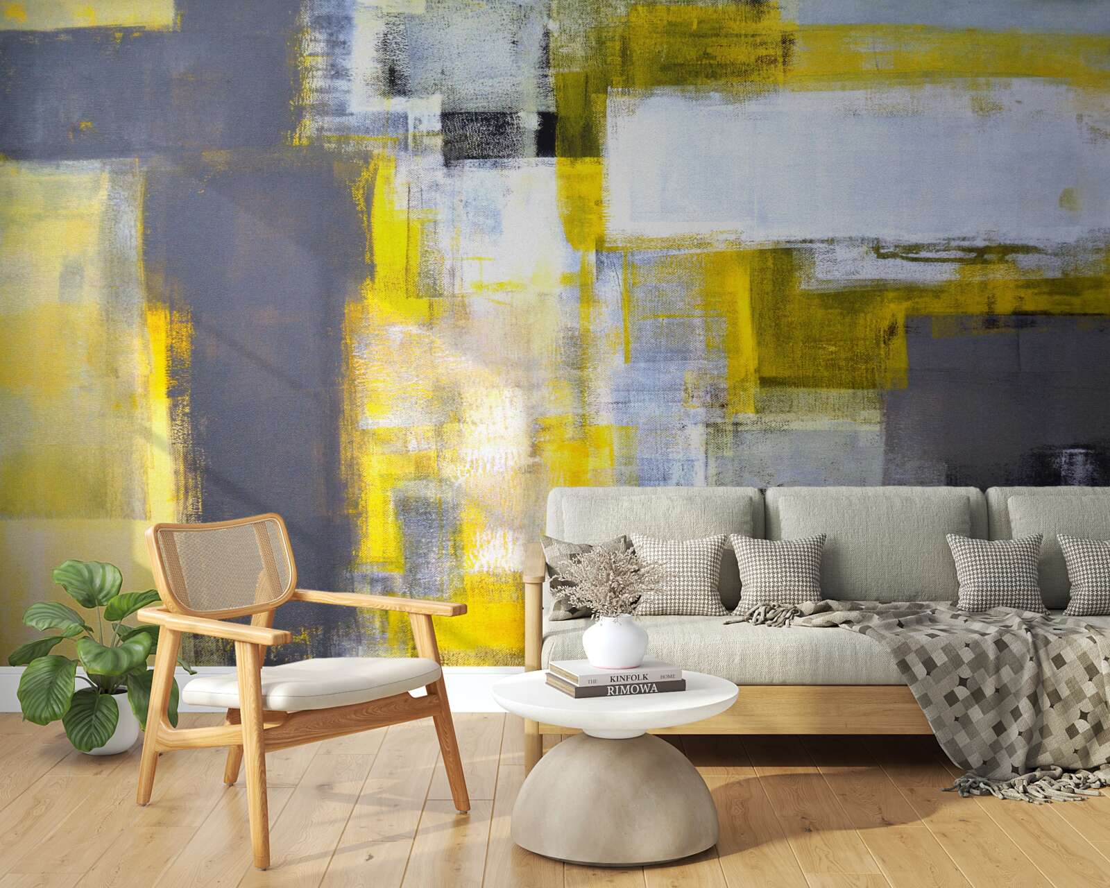 Фотошпалери абстрактний живопис у відтінках жовтого та сірого, виконаний фарбами