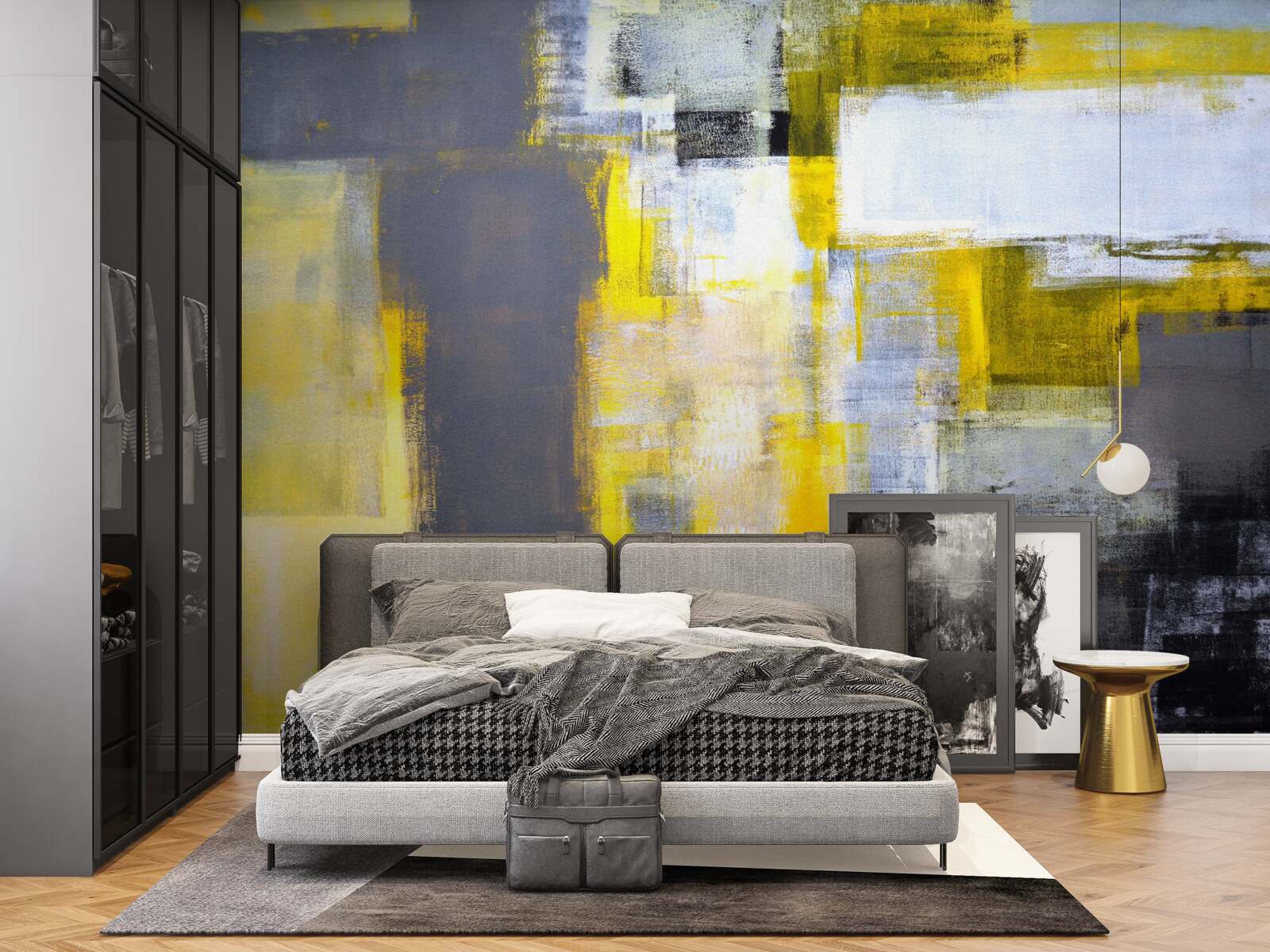 Фотошпалери абстрактний живопис у відтінках жовтого та сірого, виконаний фарбами