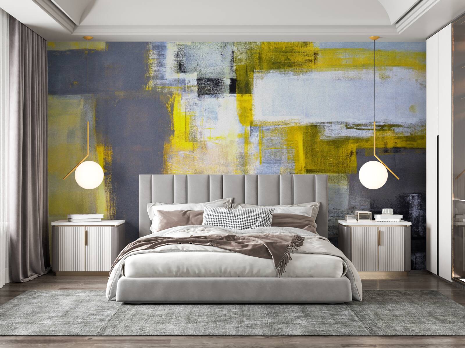 Фотошпалери абстрактний живопис у відтінках жовтого та сірого, виконаний фарбами