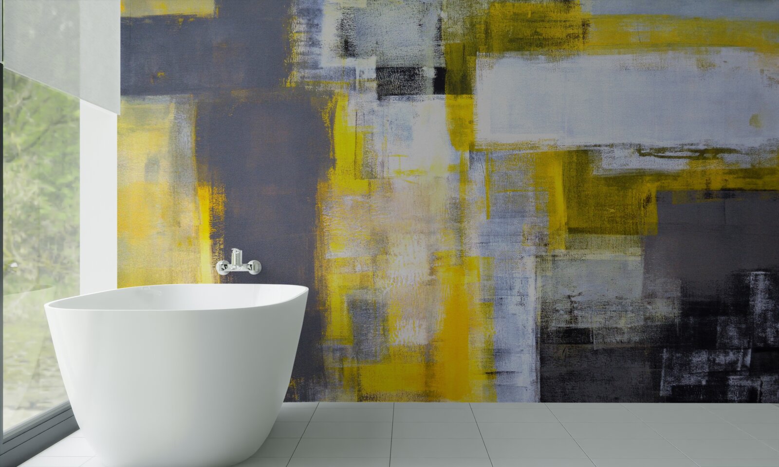 Фотошпалери абстрактний живопис у відтінках жовтого та сірого, виконаний фарбами