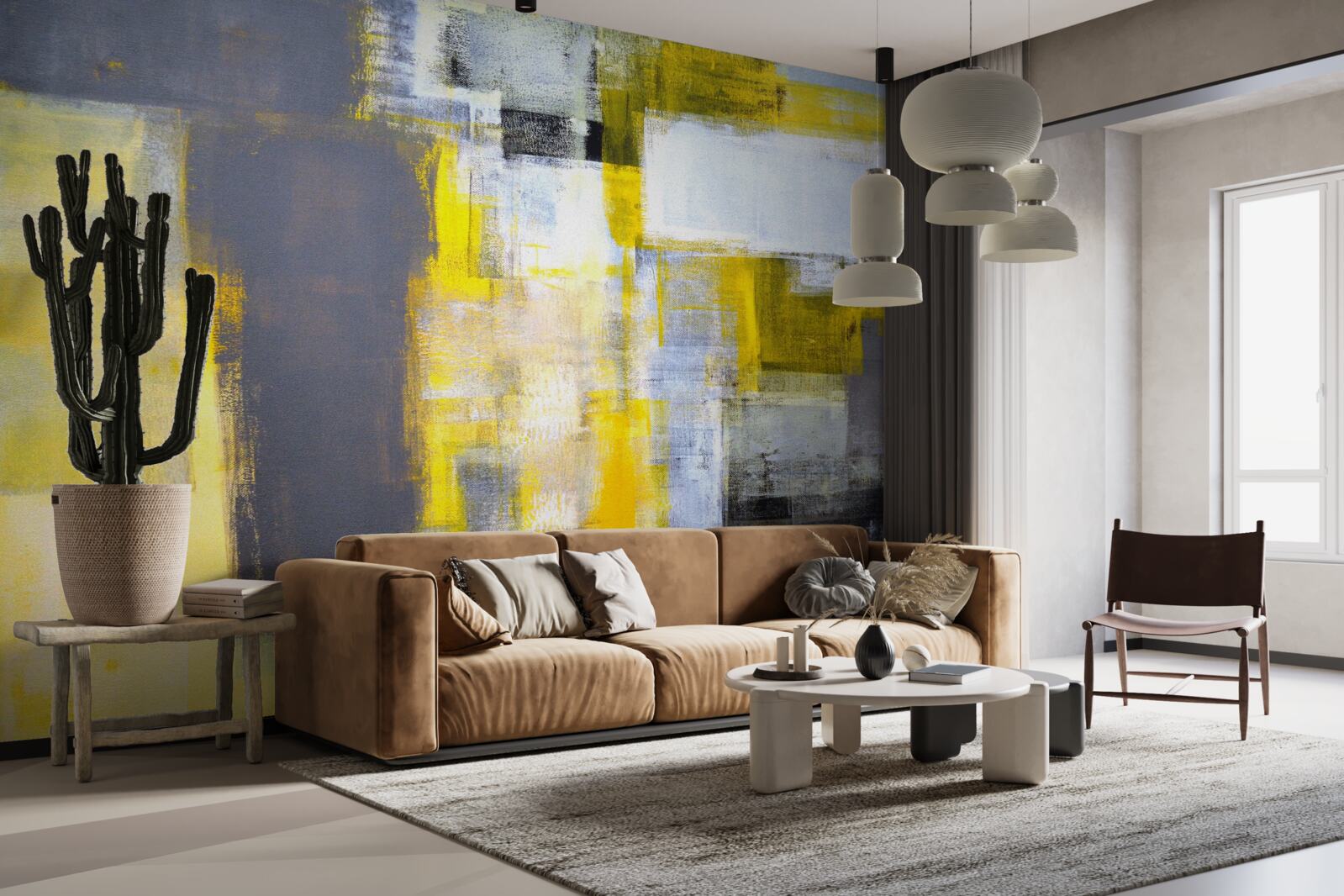 Фотошпалери абстрактний живопис у відтінках жовтого та сірого, виконаний фарбами