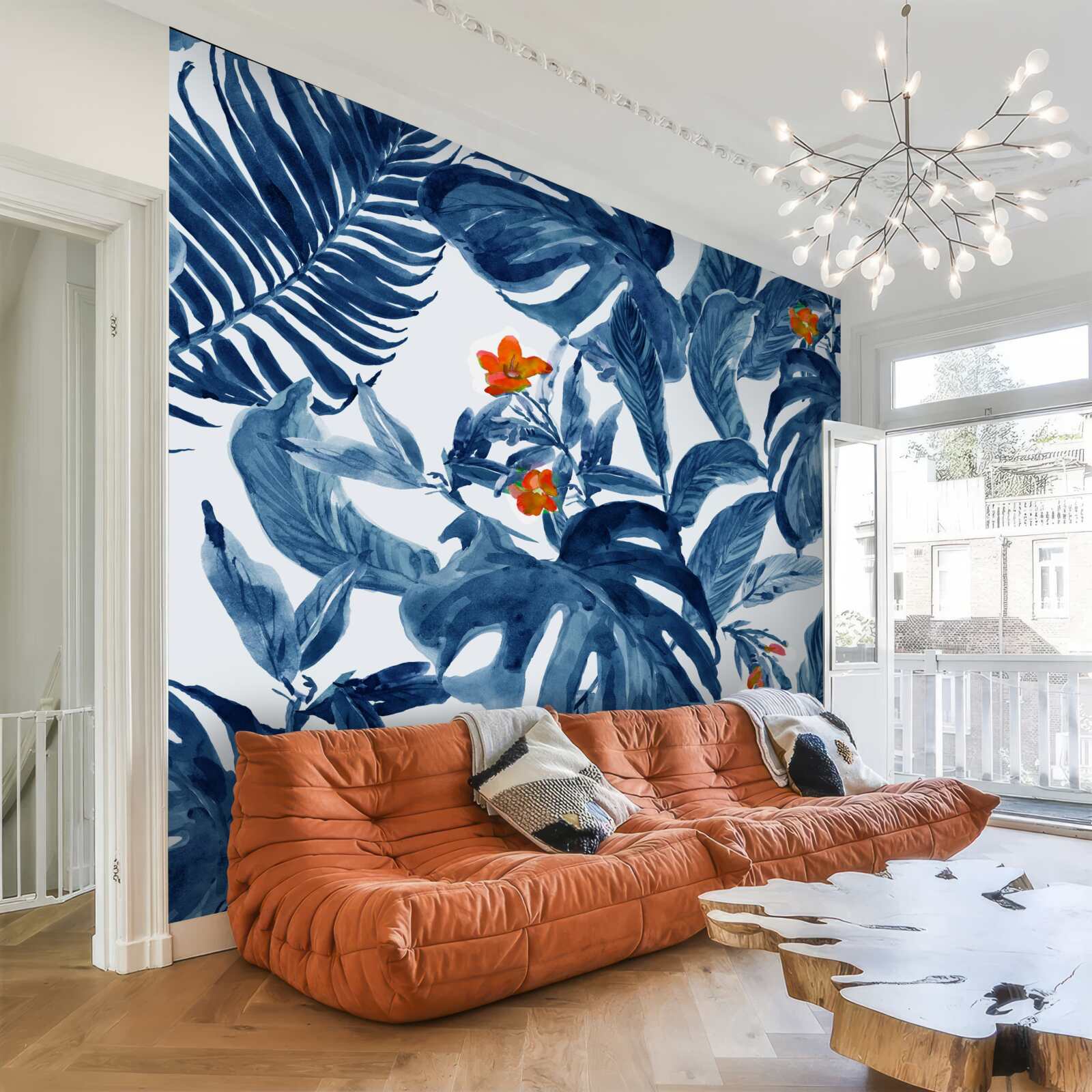 Фотошпалери персикова лілія та блакитна папороть