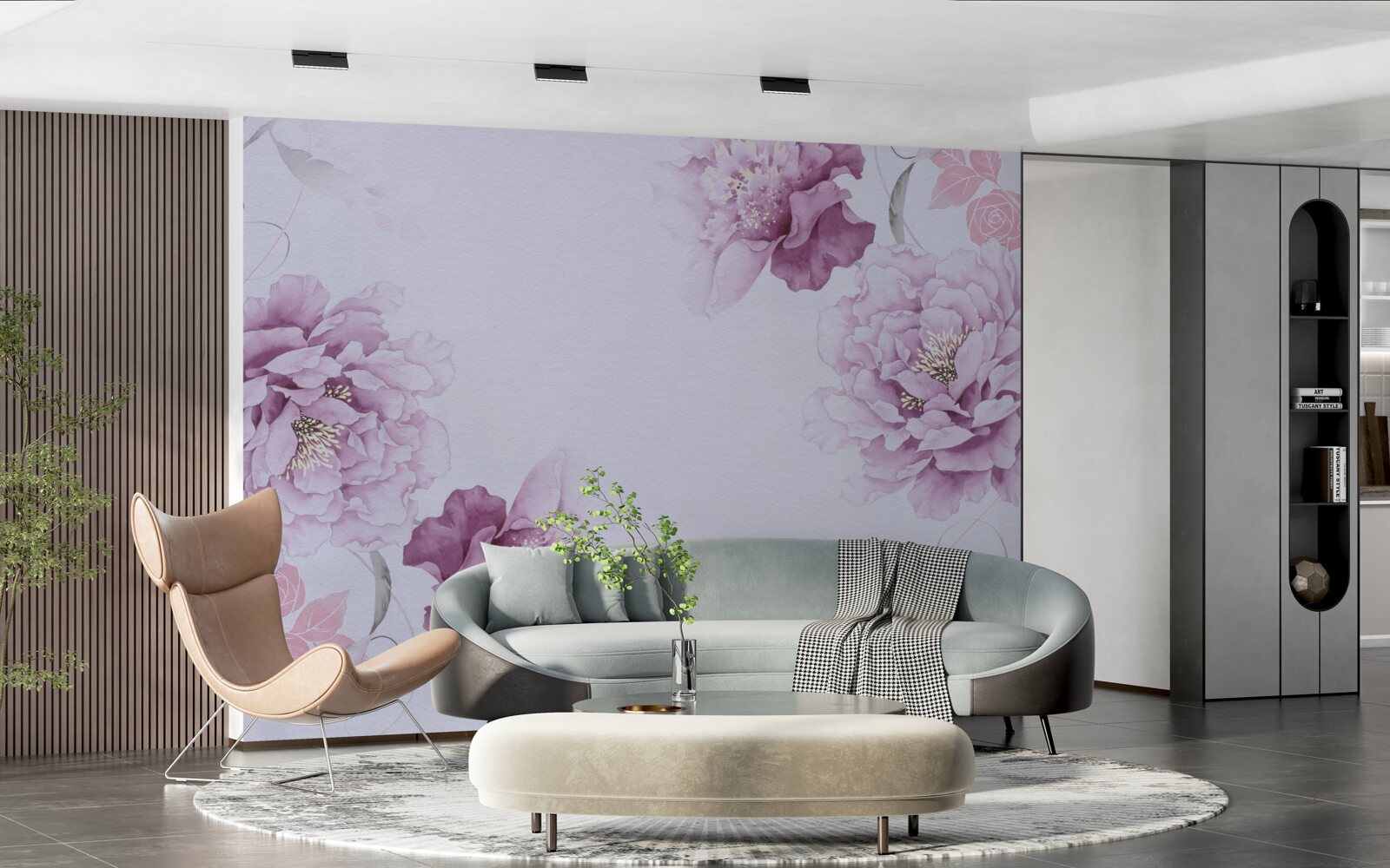 Фотошпалери великі бузкові квіти на сірому тлі