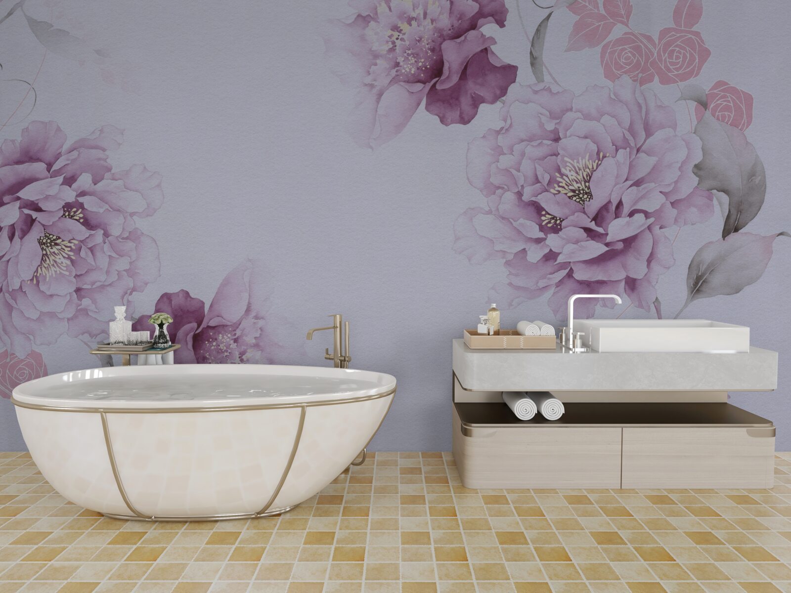 Фотошпалери великі бузкові квіти на сірому тлі