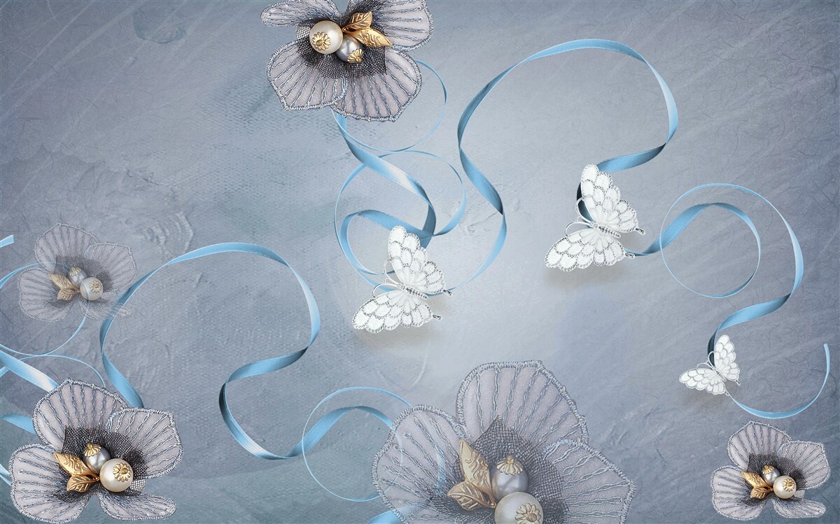 Фотошпалери Білосніжні метелики та квіти, прикрашені перлинами