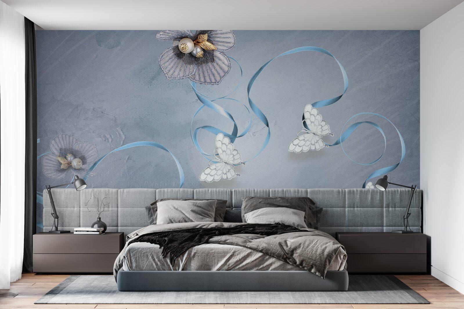 Фотошпалери Білосніжні метелики та квіти, прикрашені перлинами