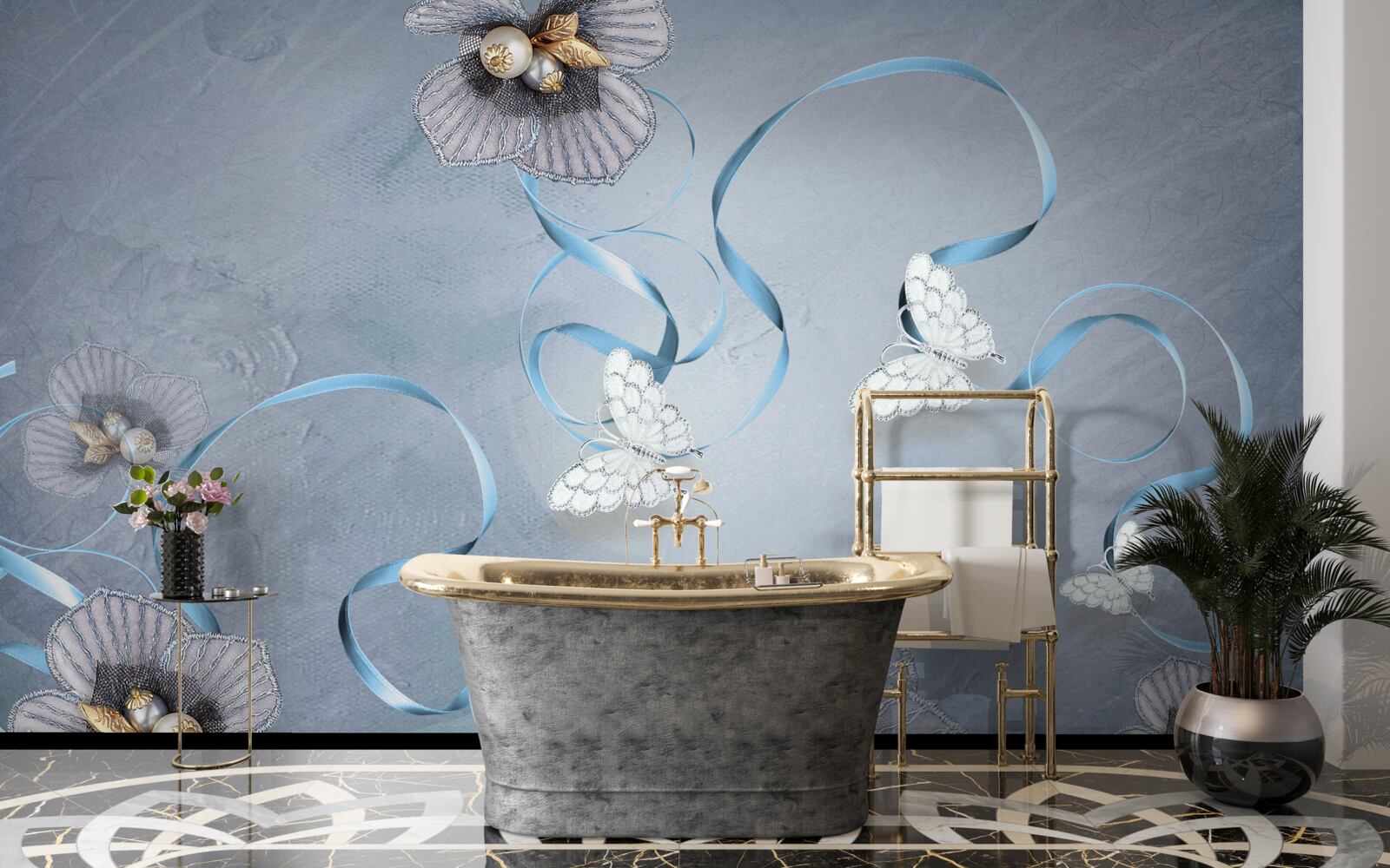 Фотошпалери Білосніжні метелики та квіти, прикрашені перлинами