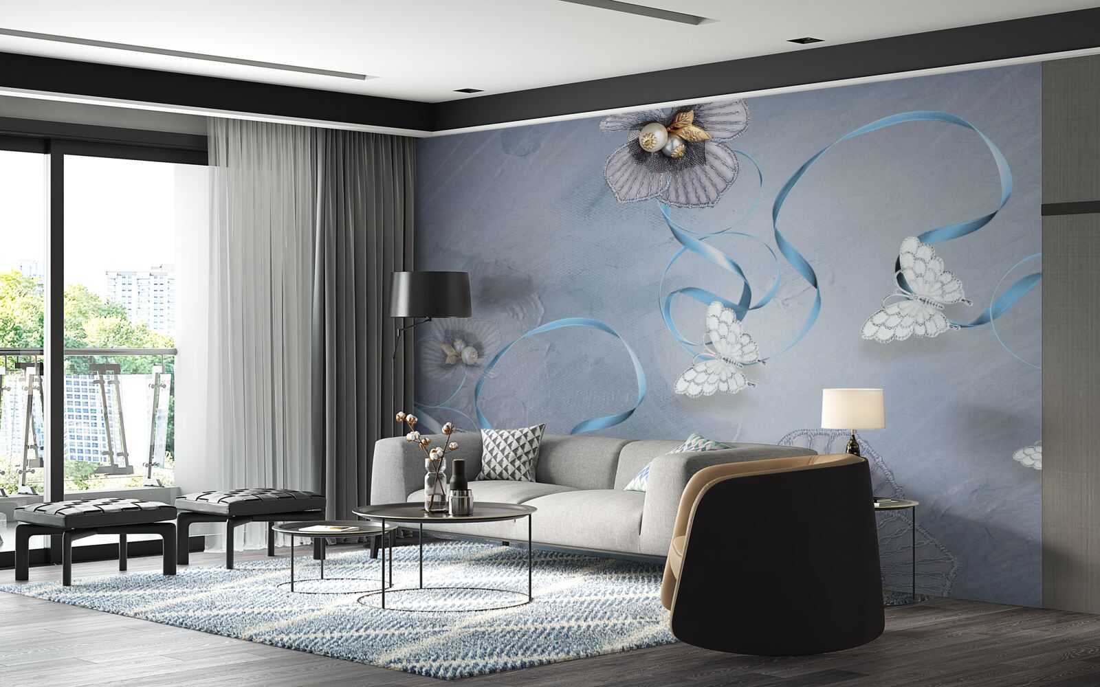 Фотошпалери Білосніжні метелики та квіти, прикрашені перлинами