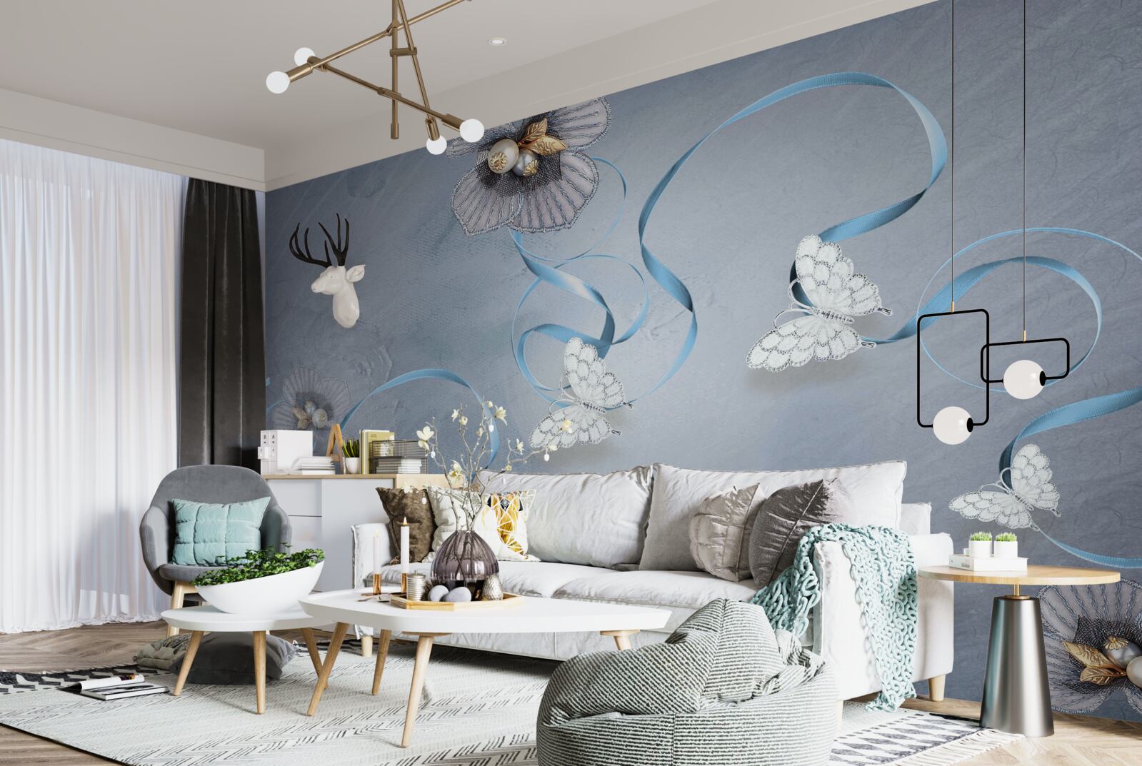 Фотошпалери Білосніжні метелики та квіти, прикрашені перлинами