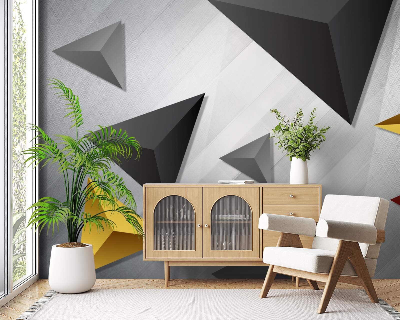 Фотошпалери трикутники різних відтінків, що ширяють у повітрі