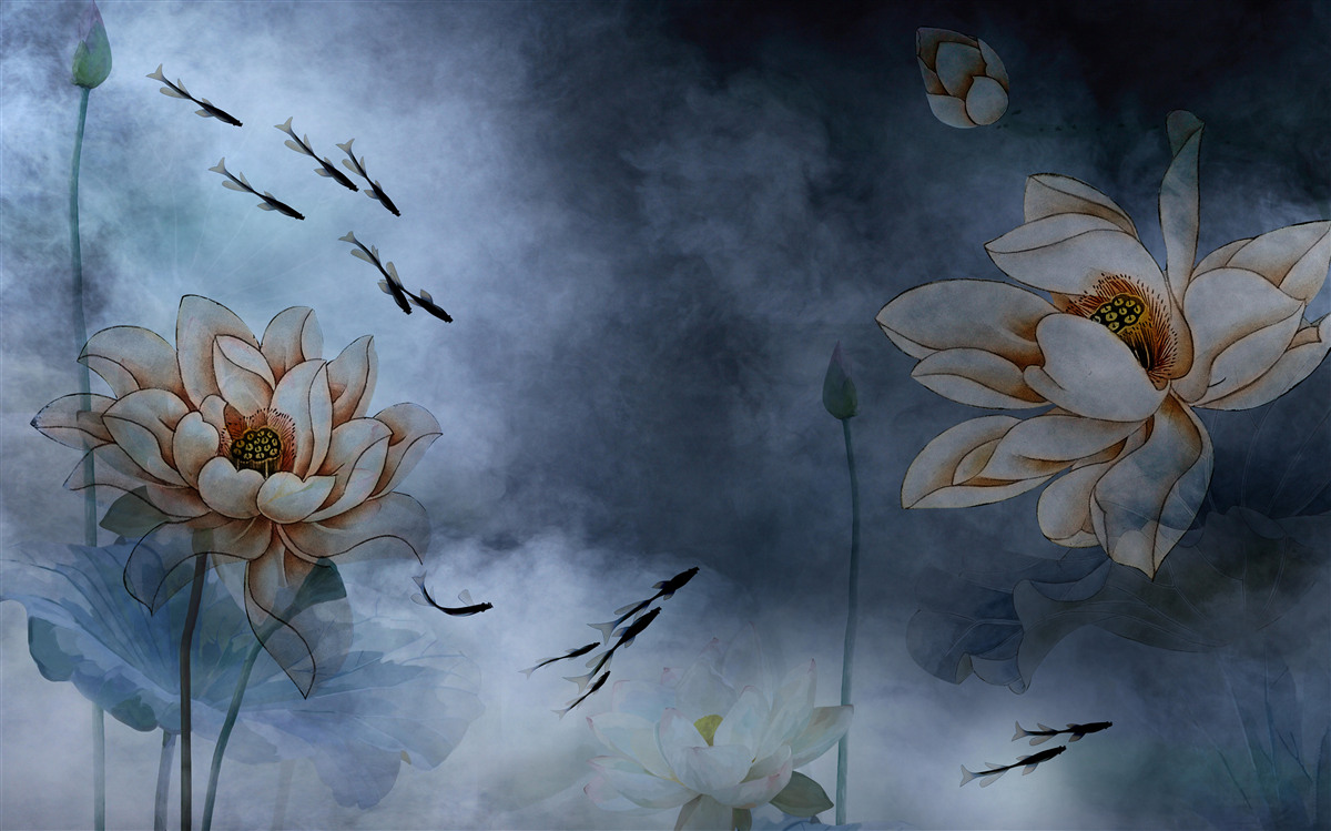 Фотошпалери квіти, навколо яких плавають рибки