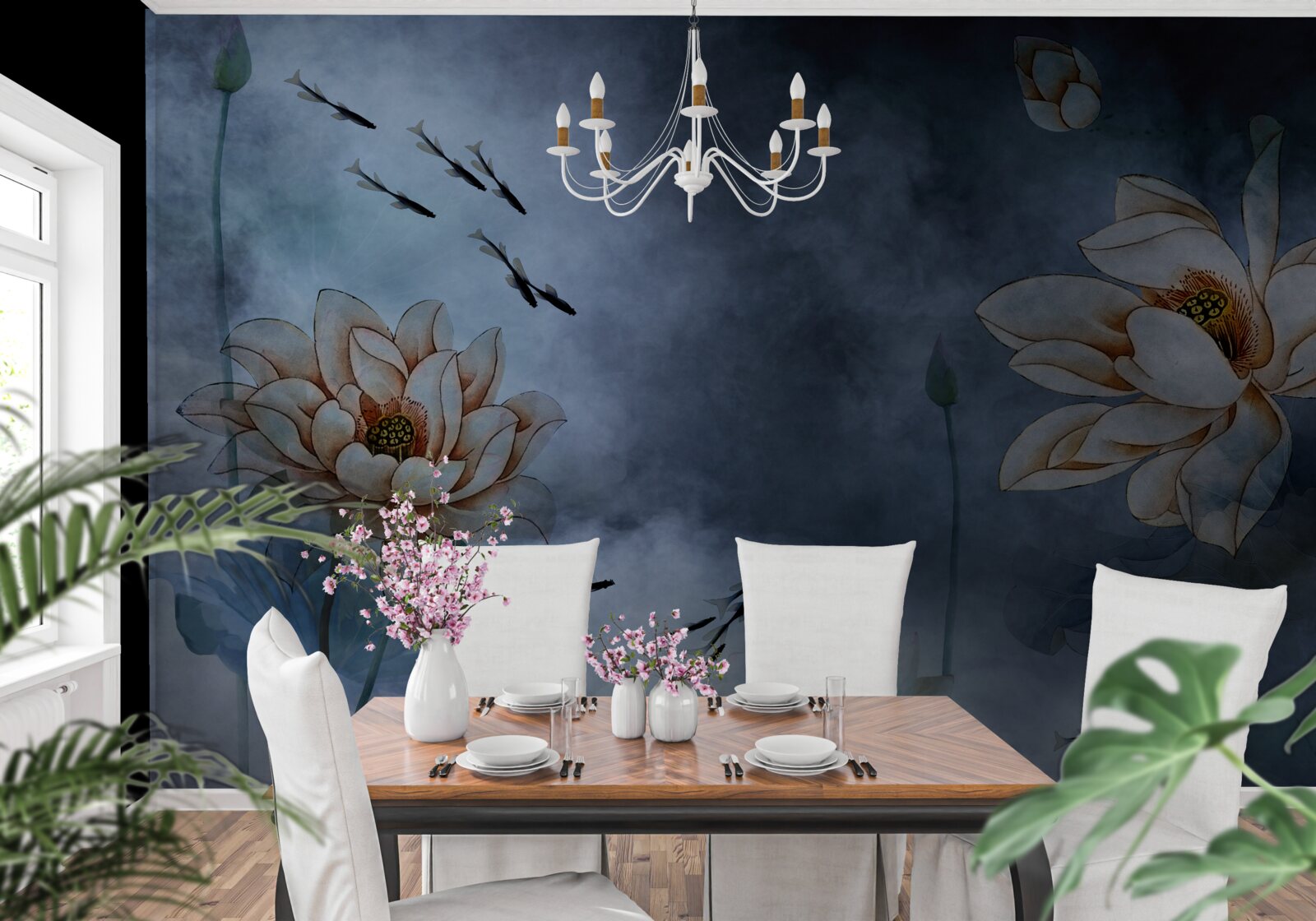 Фотошпалери квіти, навколо яких плавають рибки