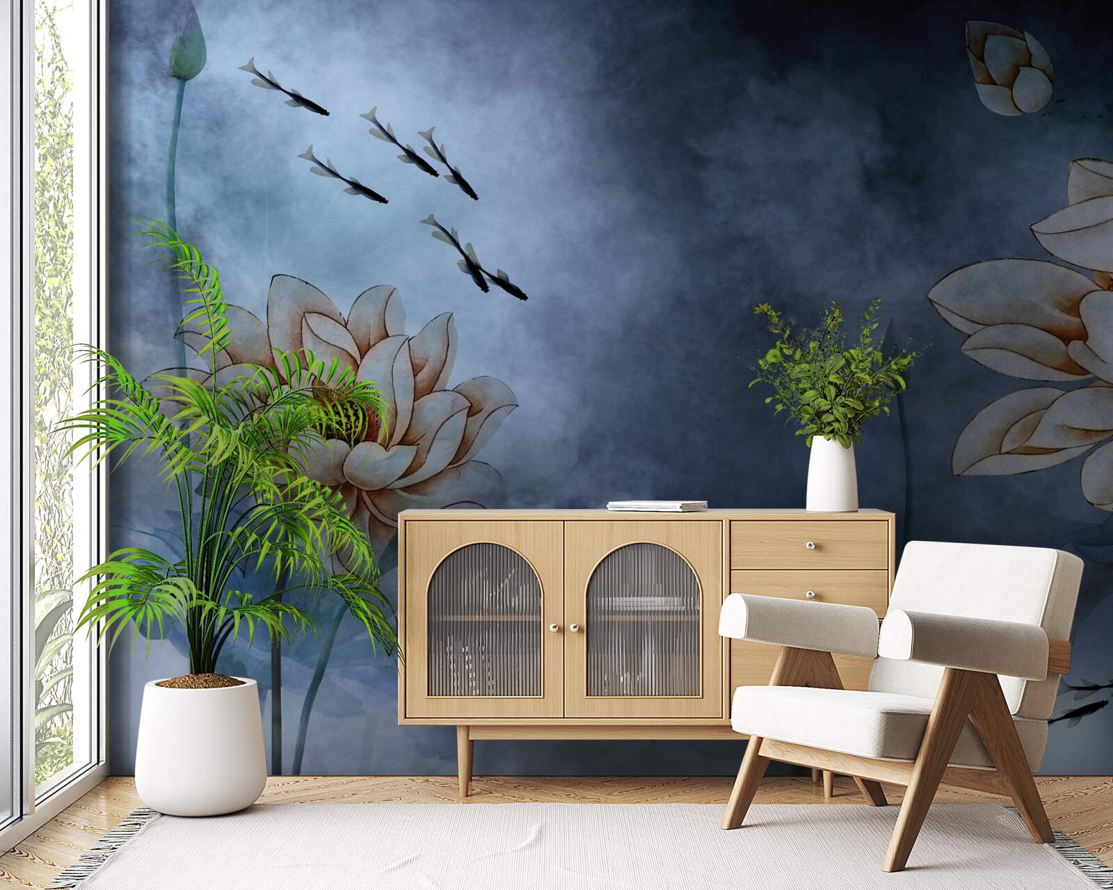 Фотошпалери квіти, навколо яких плавають рибки