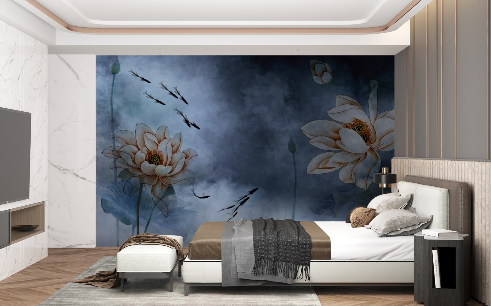 Фотошпалери квіти, навколо яких плавають рибки