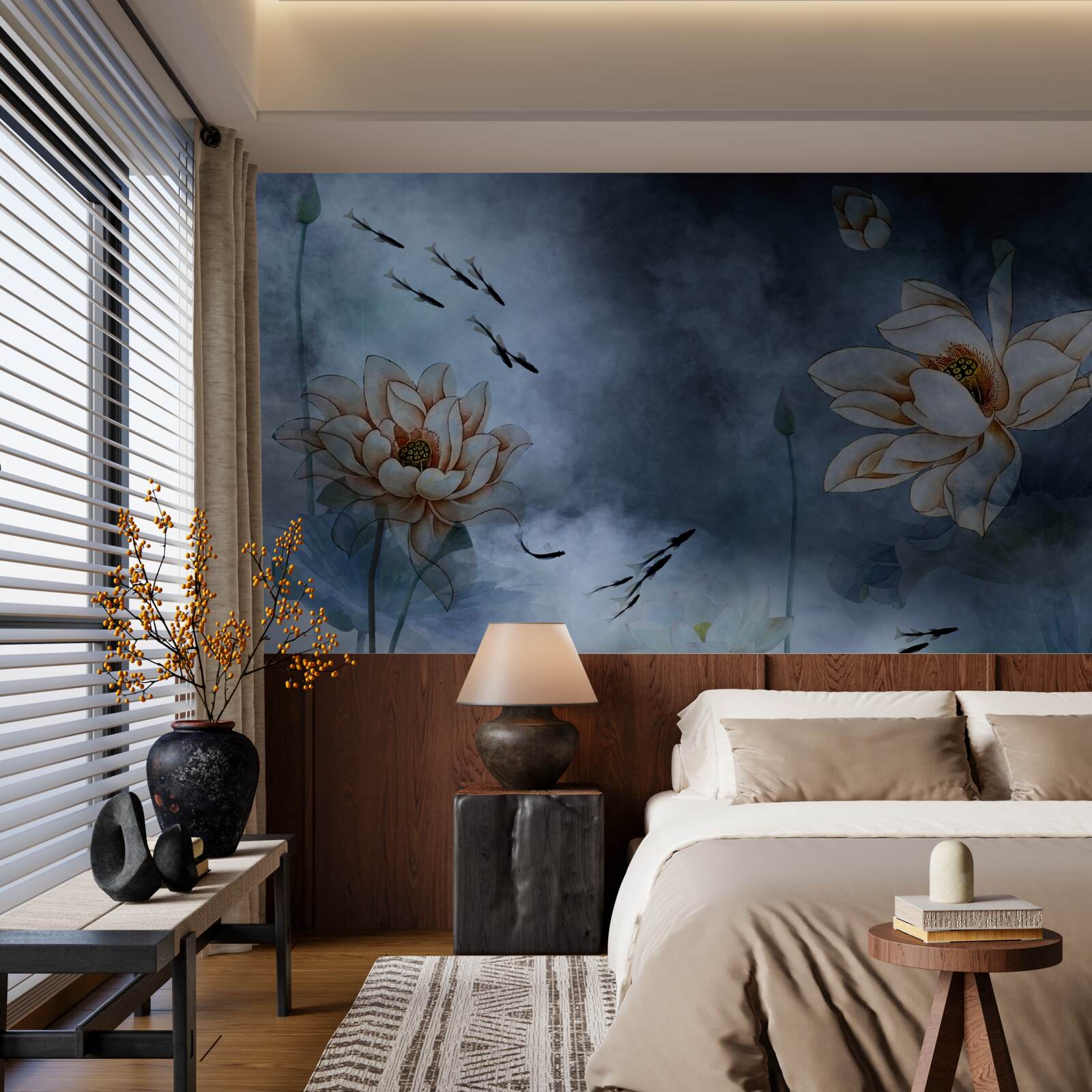 Фотошпалери квіти, навколо яких плавають рибки