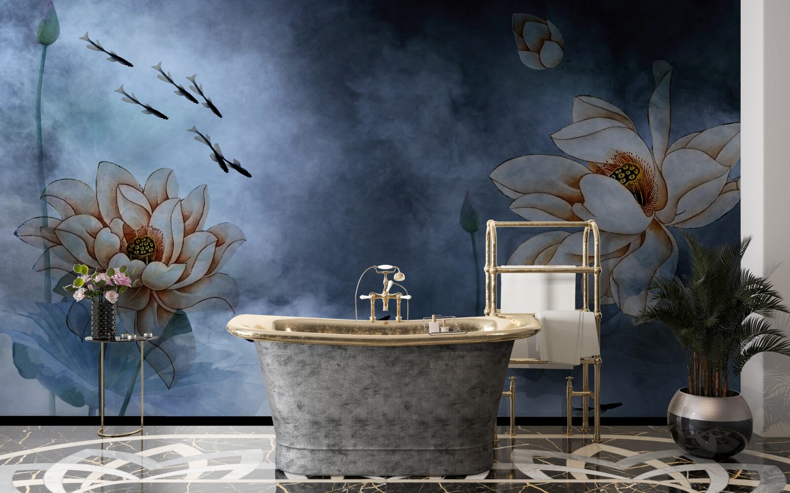 Фотошпалери квіти, навколо яких плавають рибки