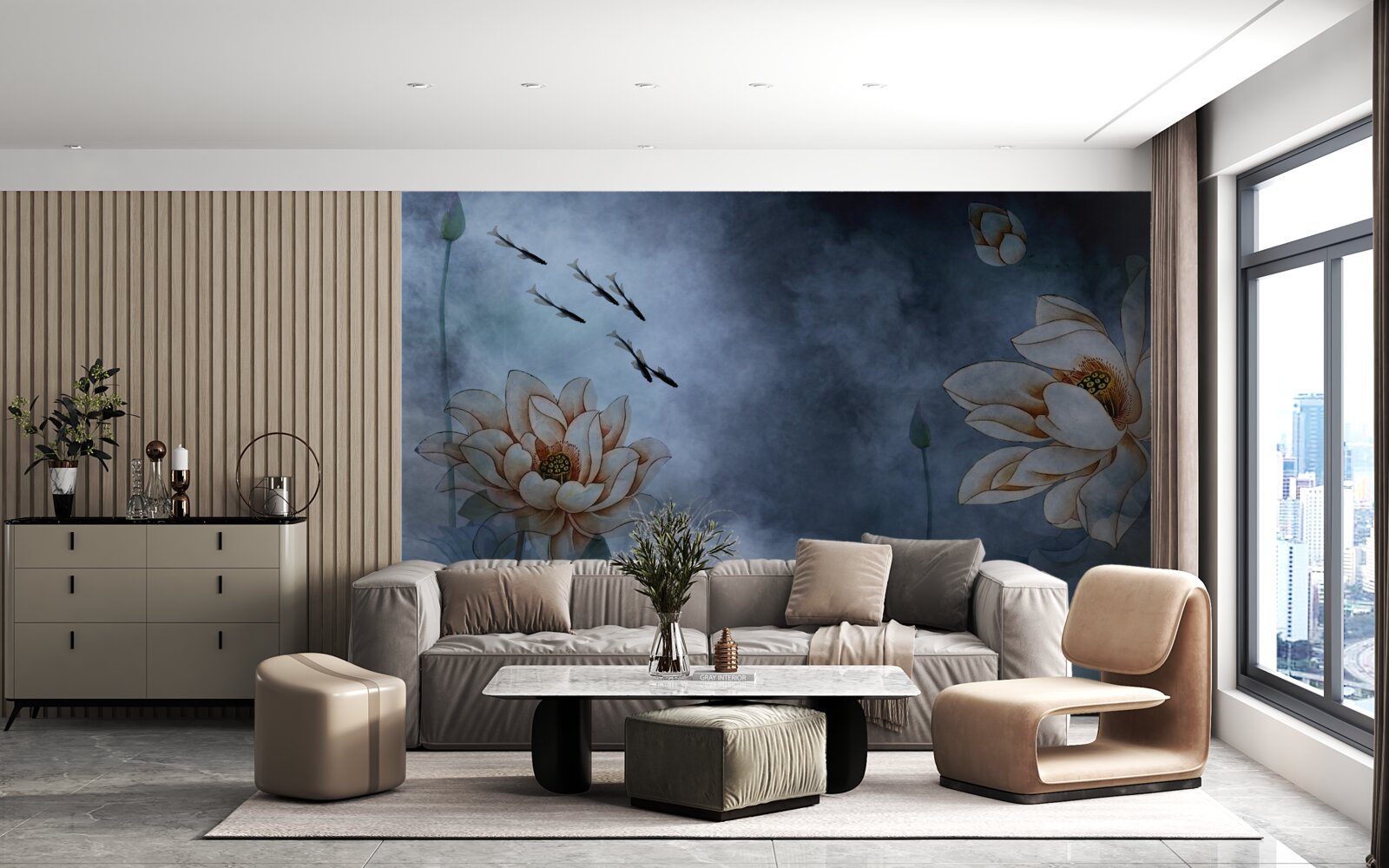 Фотошпалери квіти, навколо яких плавають рибки