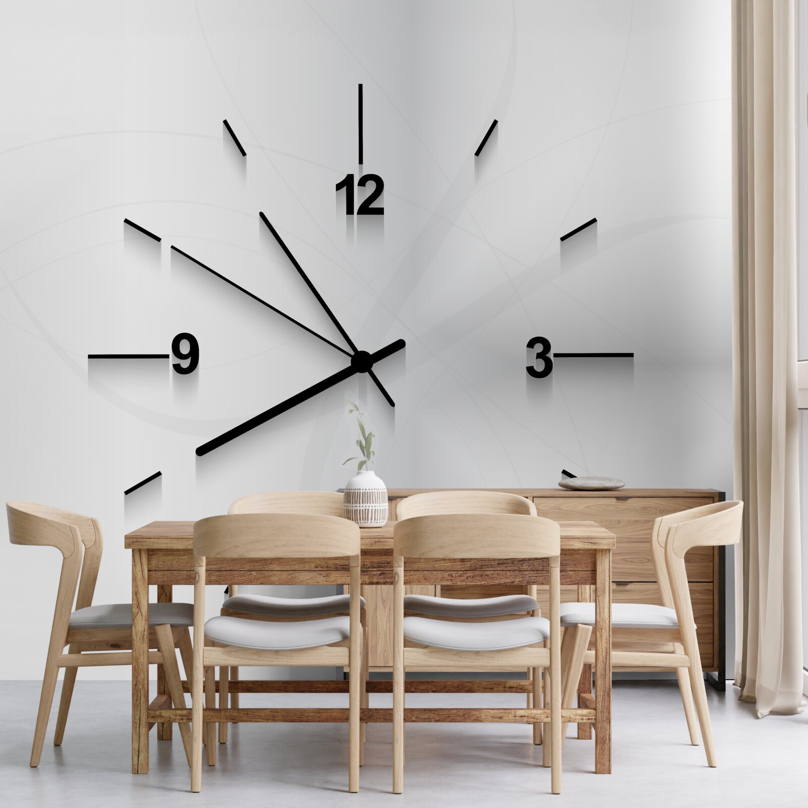 Фотошпалери на стіні висить срібний годинник з чотирма цифрами