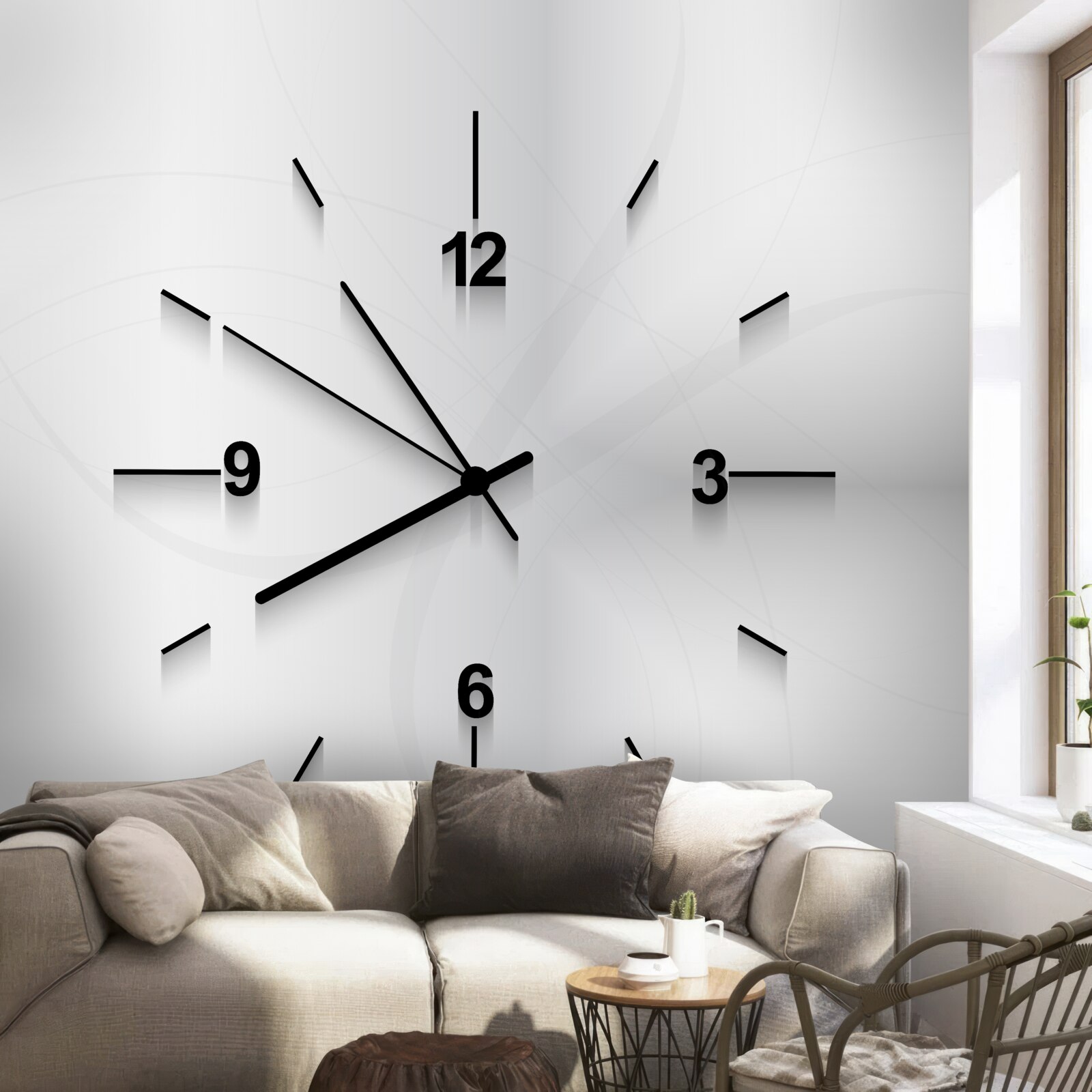 Фотошпалери на стіні висить срібний годинник з чотирма цифрами