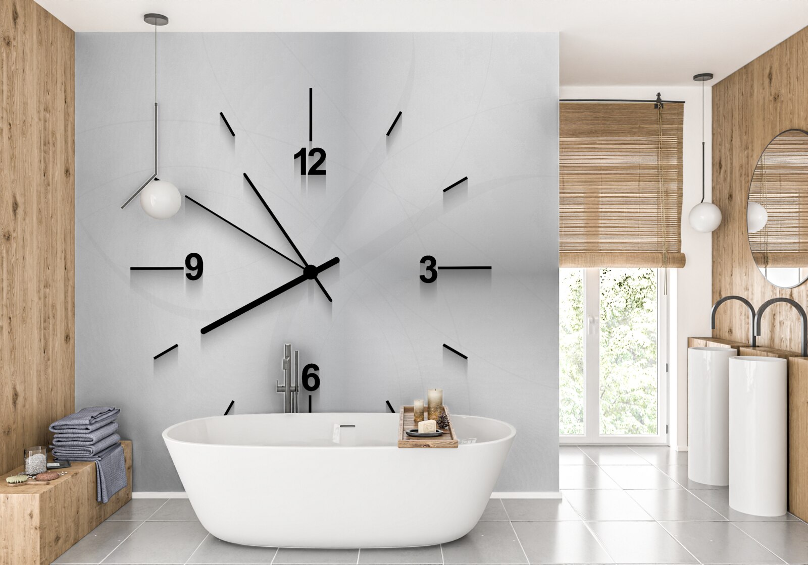 Фотошпалери на стіні висить срібний годинник з чотирма цифрами