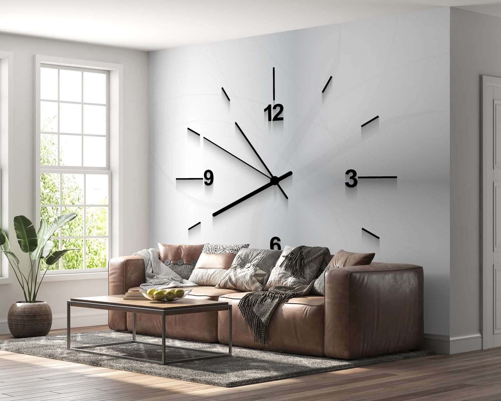 Фотошпалери на стіні висить срібний годинник з чотирма цифрами