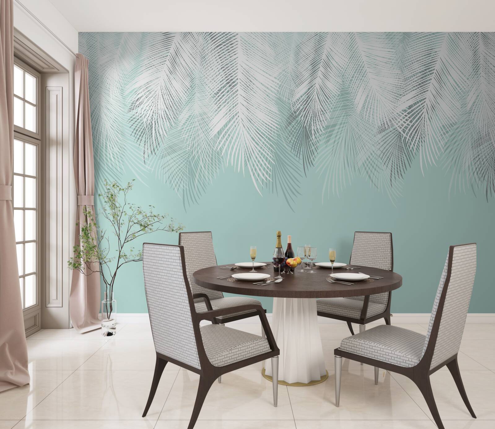 Фотошпалери пальмове листя біле на бірюзовому тлі