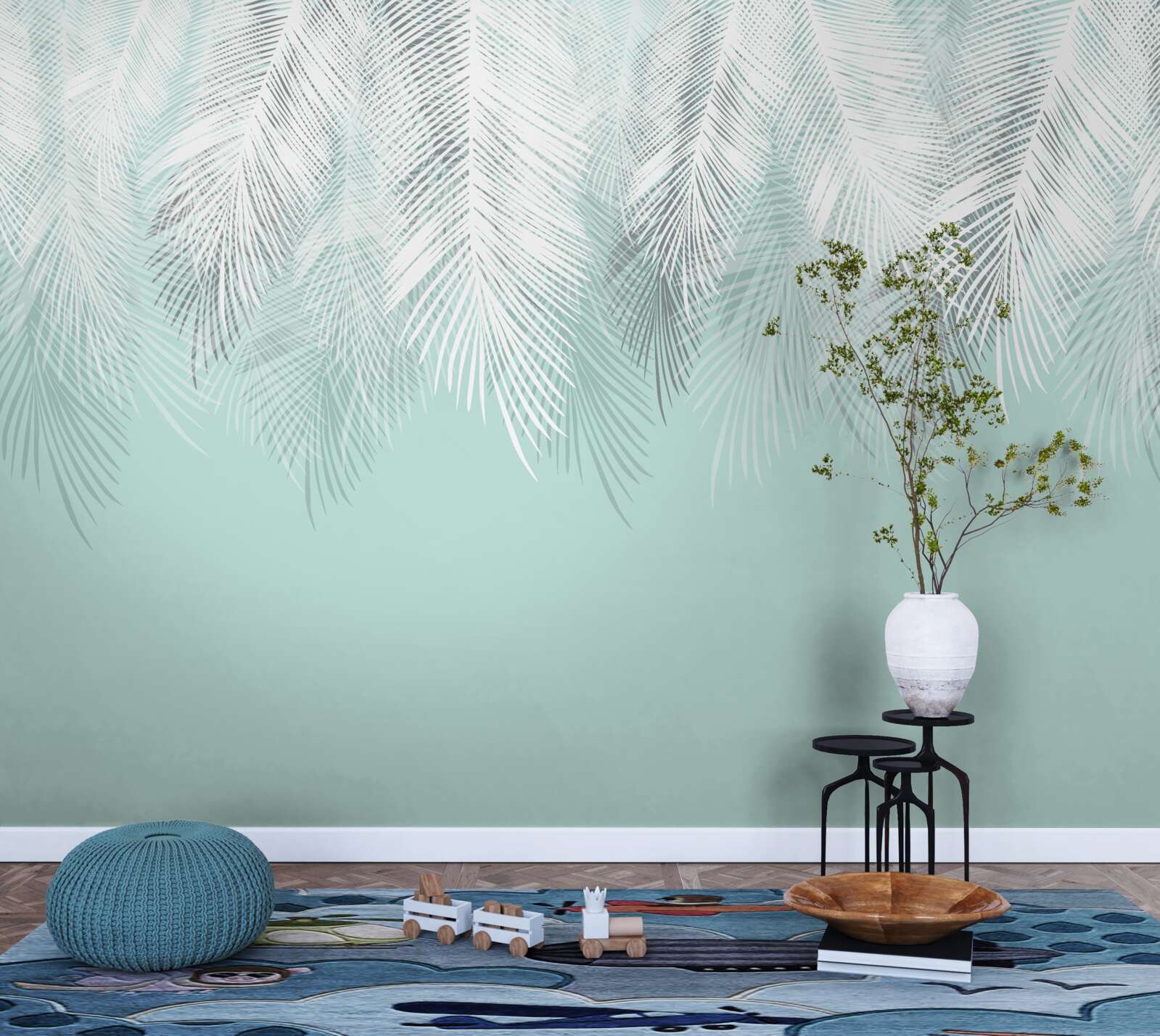Фотошпалери пальмове листя біле на бірюзовому тлі