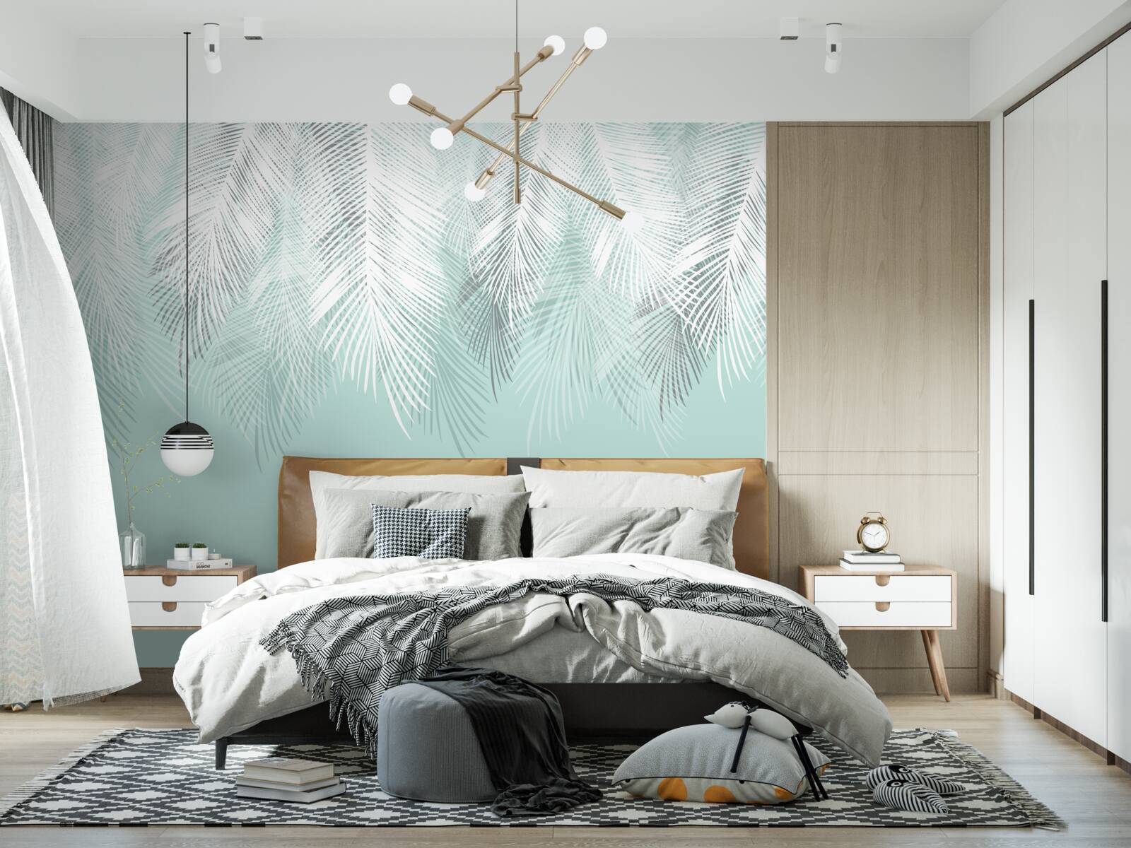 Фотошпалери пальмове листя біле на бірюзовому тлі