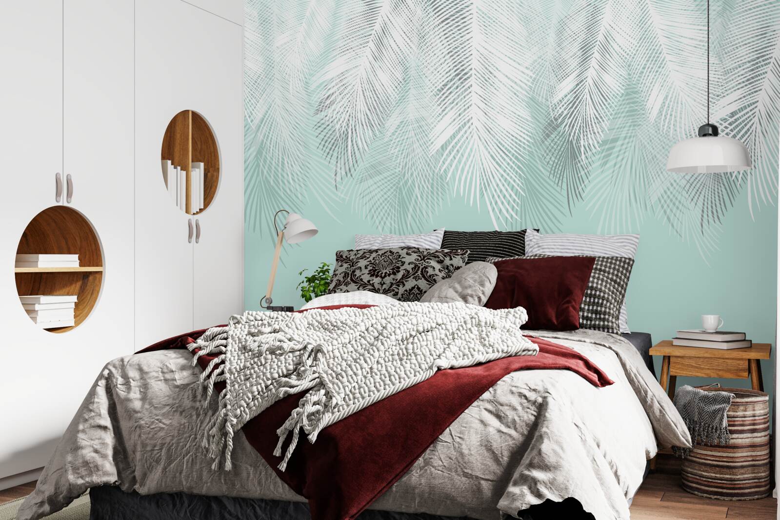 Фотошпалери пальмове листя біле на бірюзовому тлі