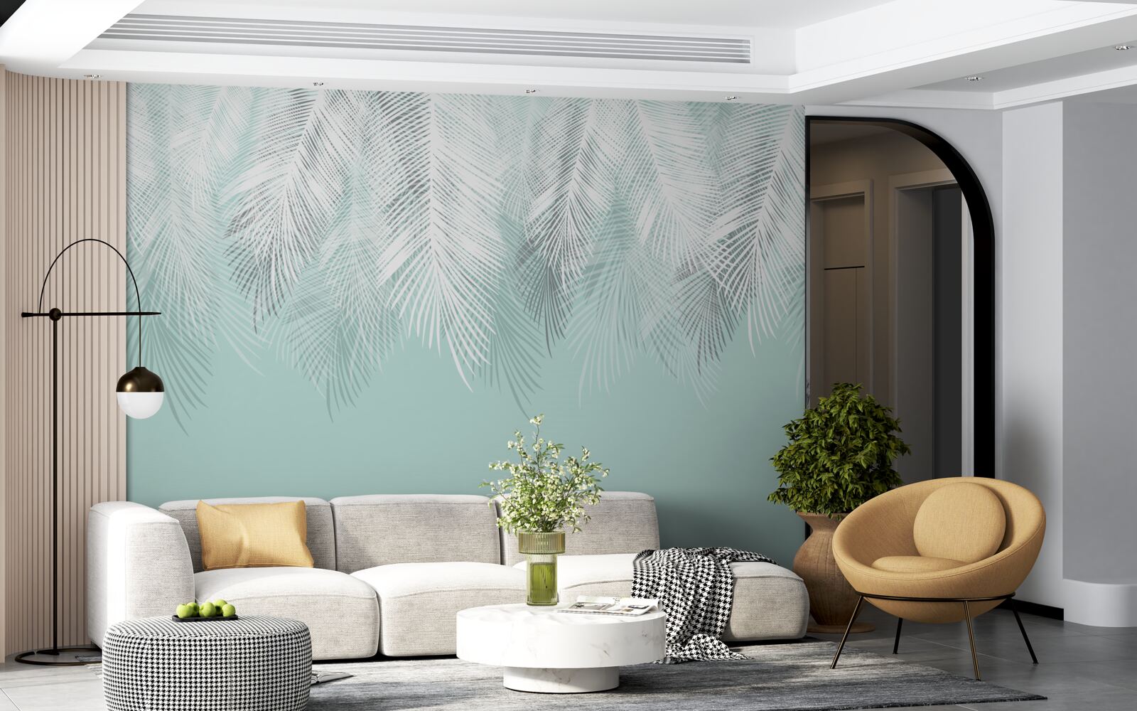 Фотошпалери пальмове листя біле на бірюзовому тлі