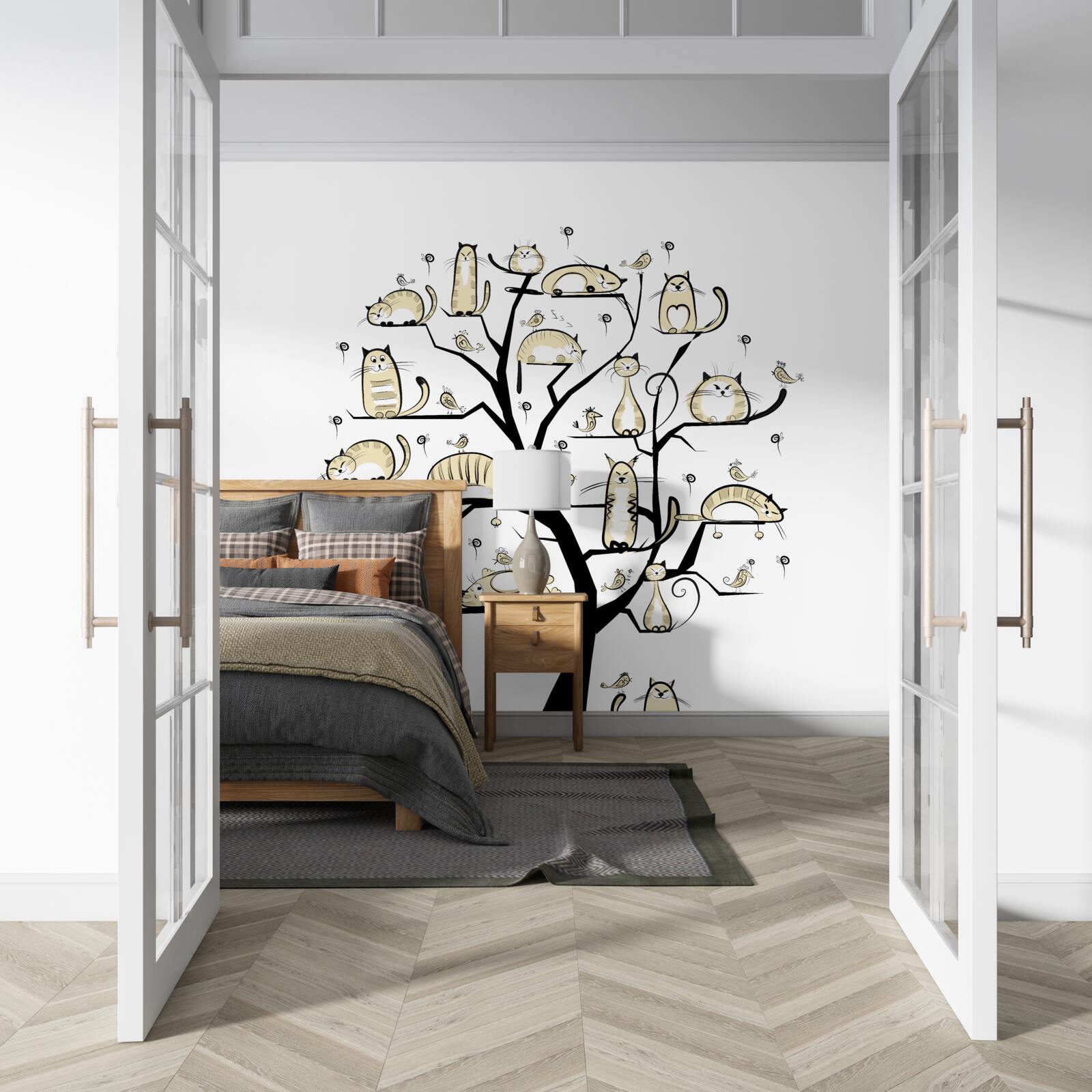 Фотошпалери пухнасті коти на гілках дерев