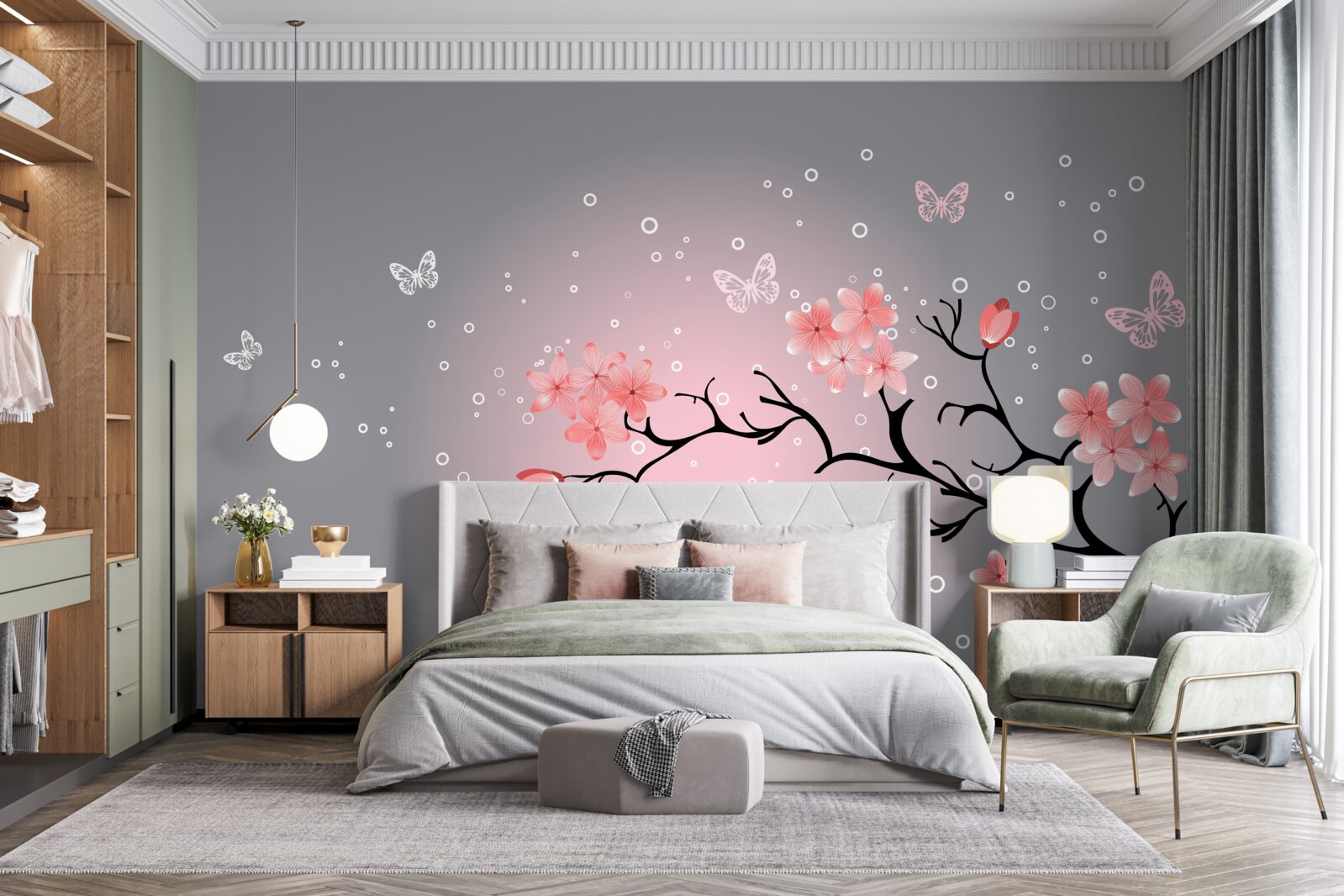 Фотошпалери метелики та гілка сакури