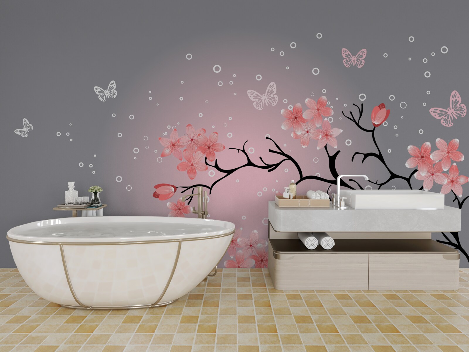 Фотошпалери метелики та гілка сакури