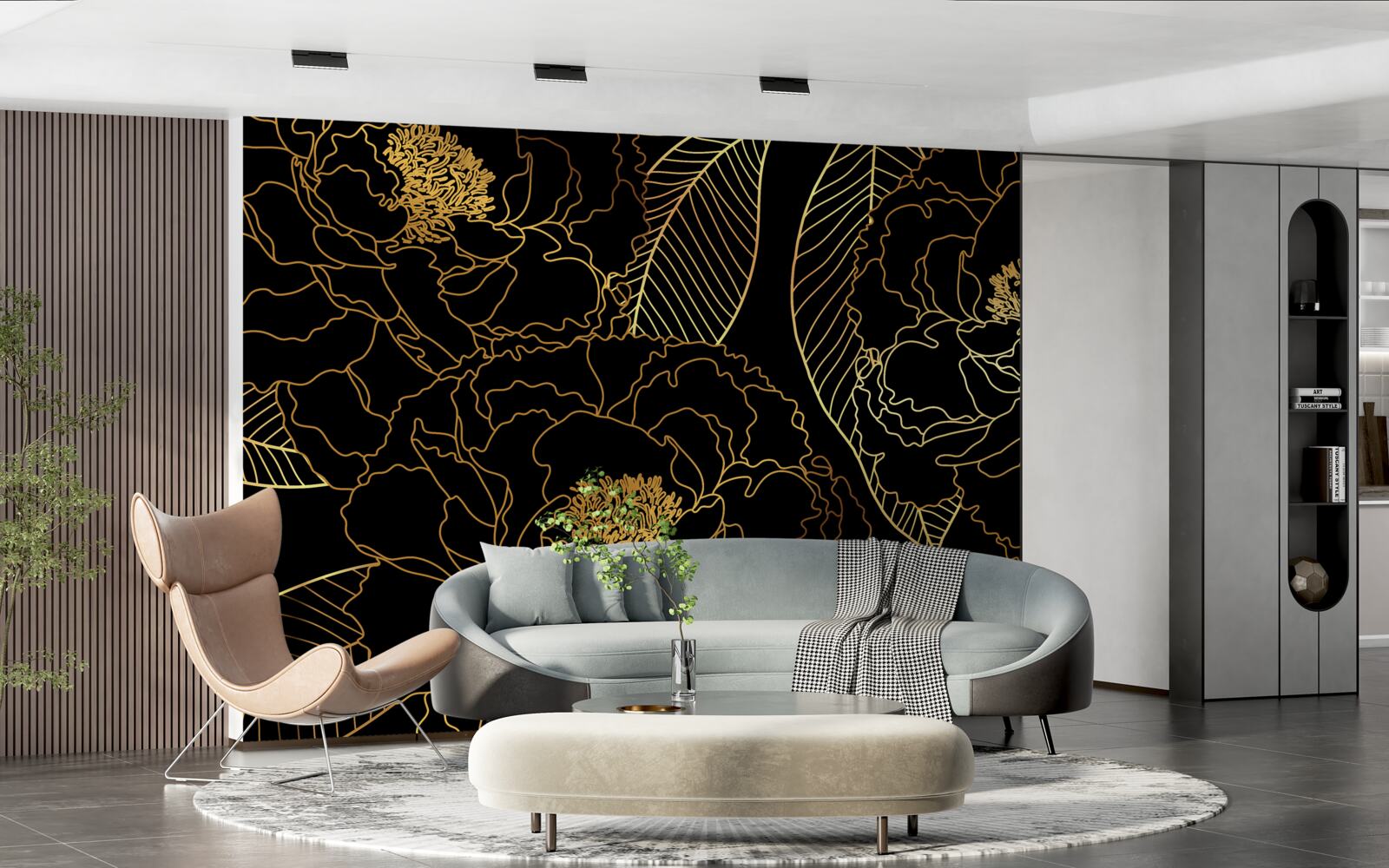 Фотошпалери Текстура листя і квітів, відтінена золотом