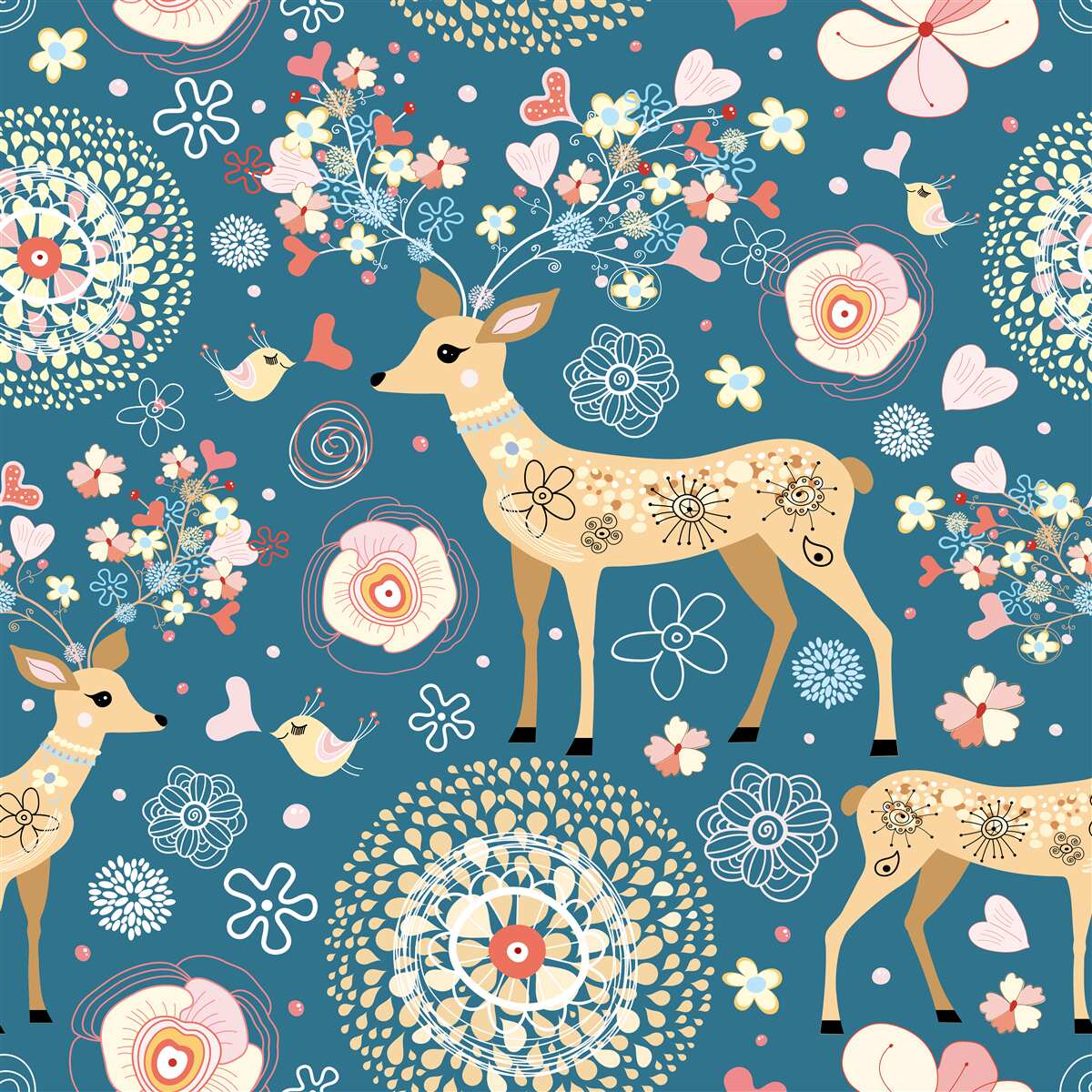 Фотошпалери птахи та олені в оточенні квітів