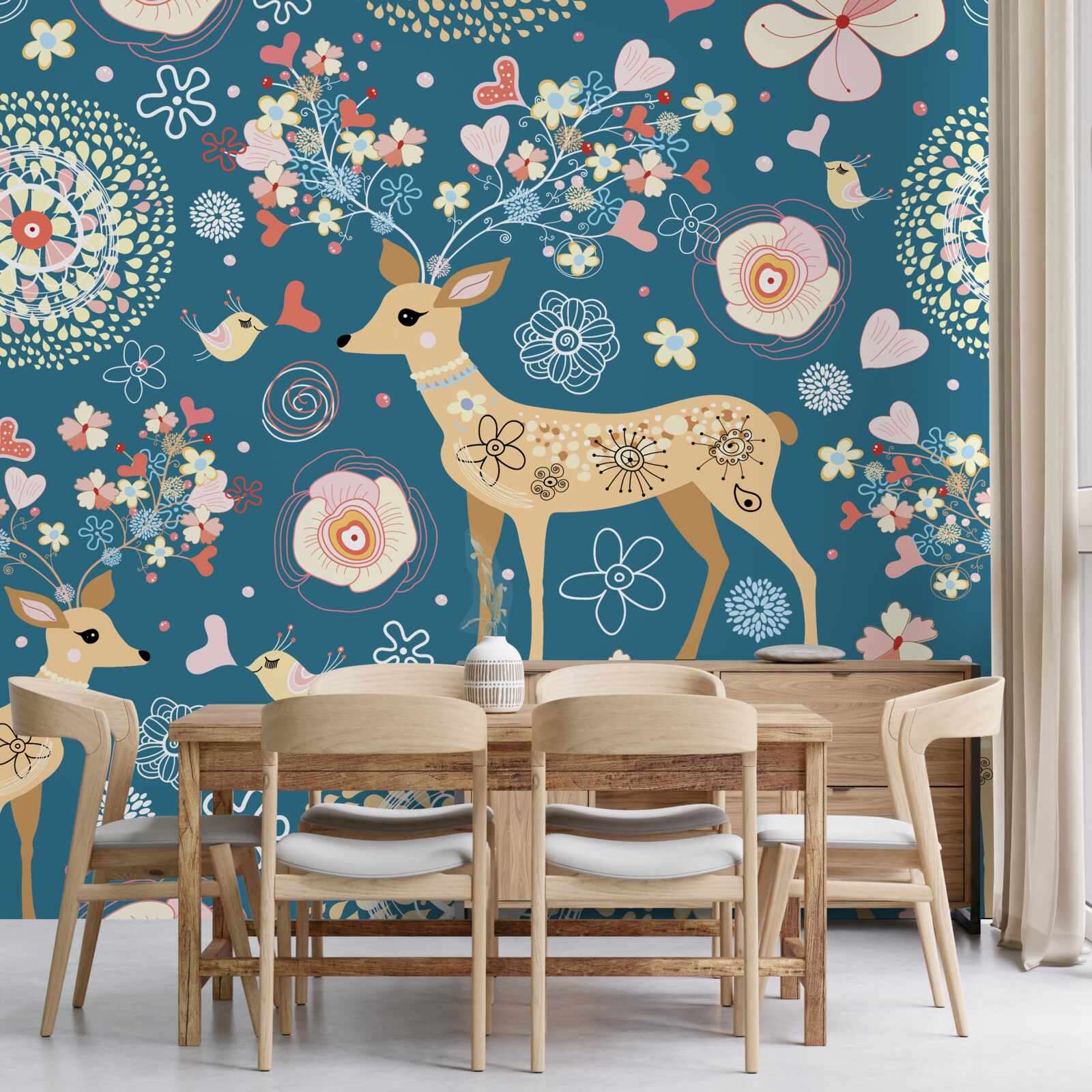 Фотошпалери птахи та олені в оточенні квітів