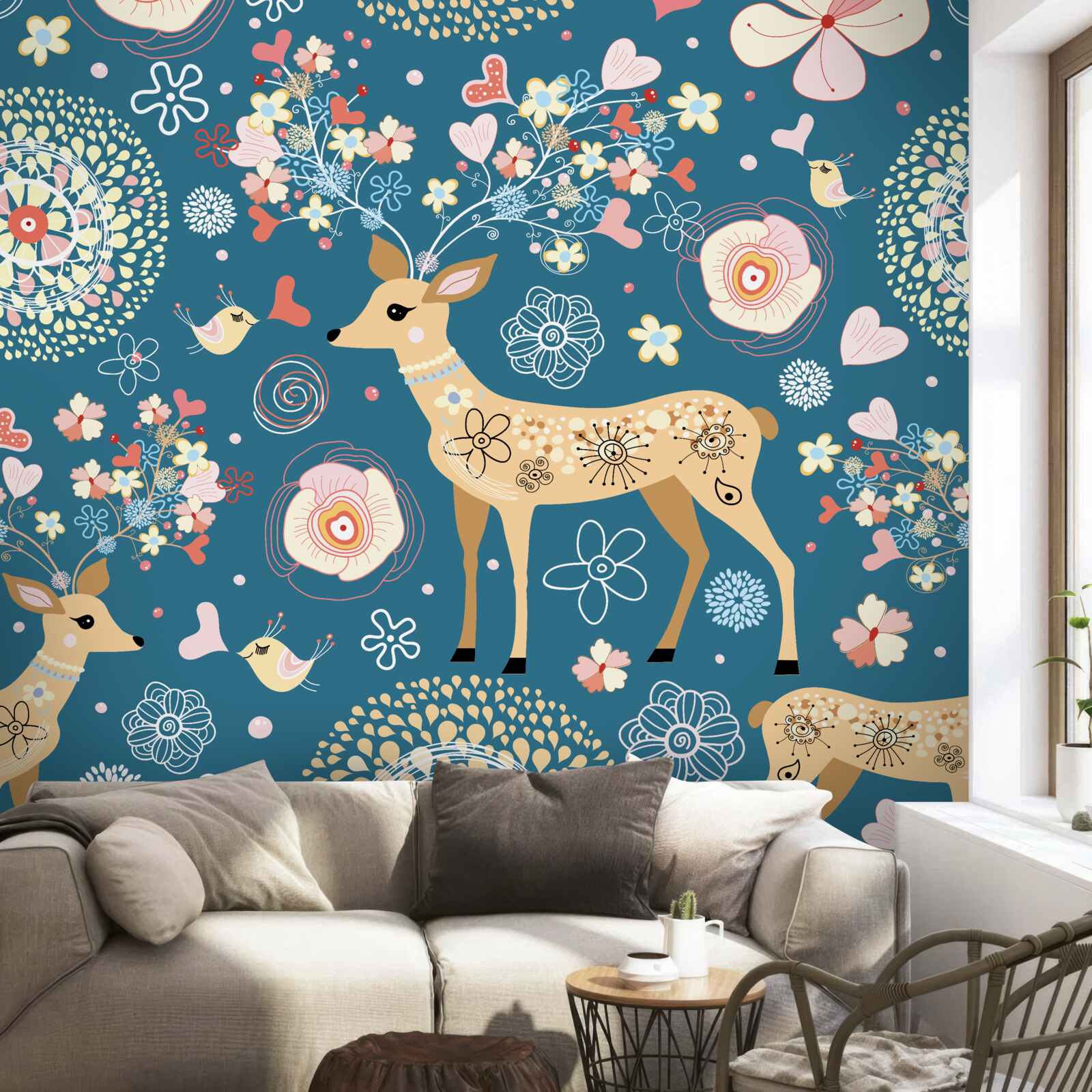 Фотошпалери птахи та олені в оточенні квітів