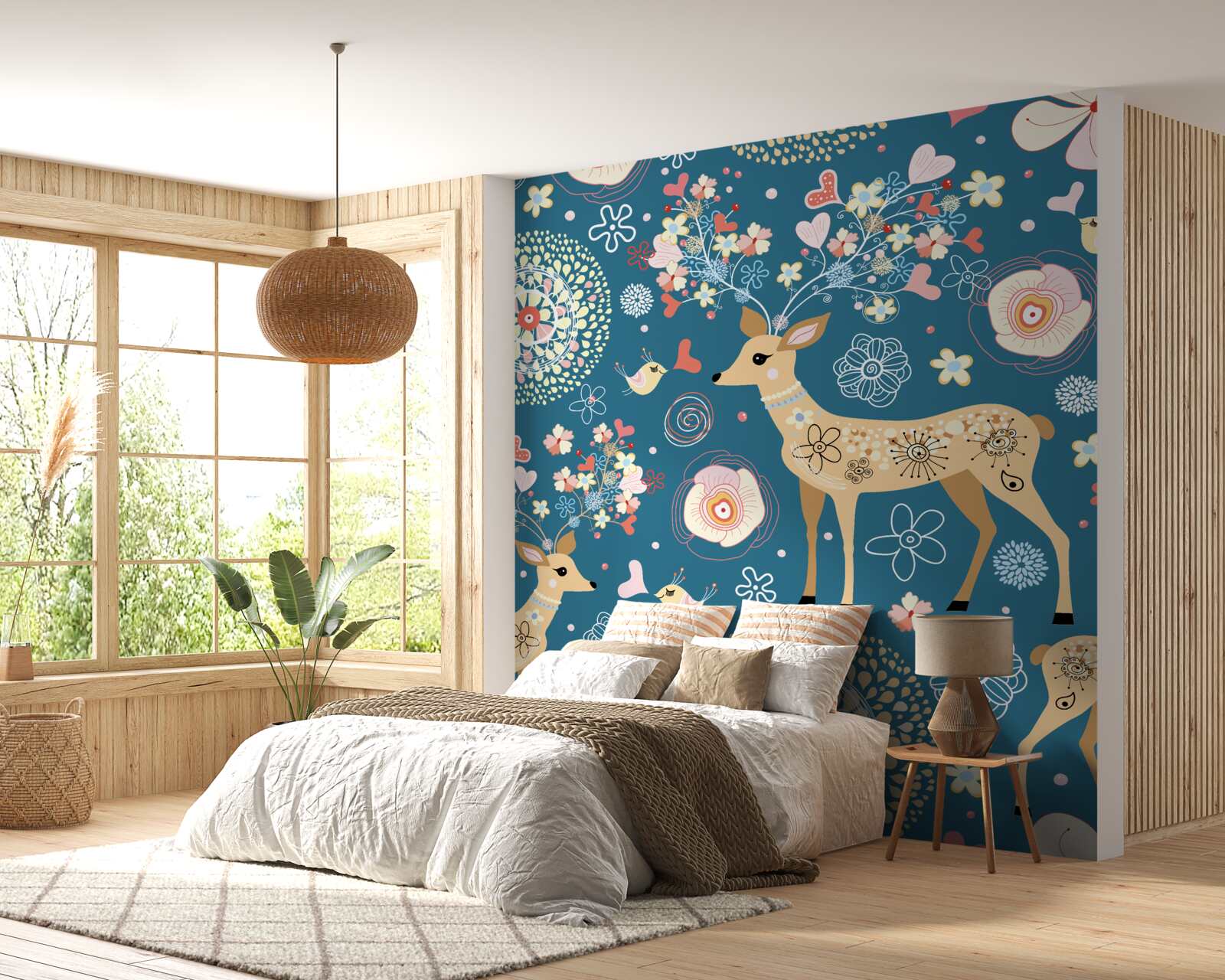 Фотошпалери птахи та олені в оточенні квітів