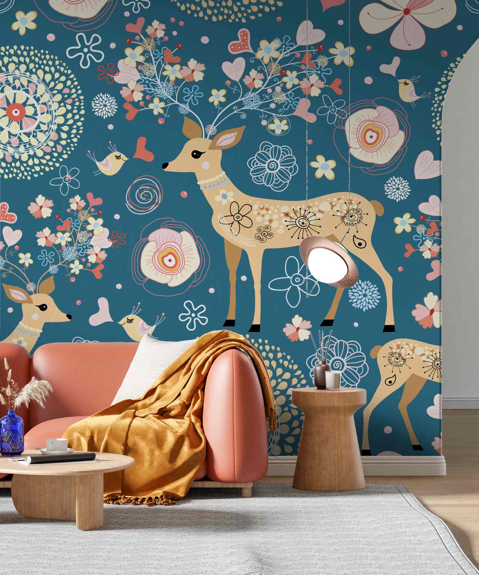 Фотошпалери птахи та олені в оточенні квітів