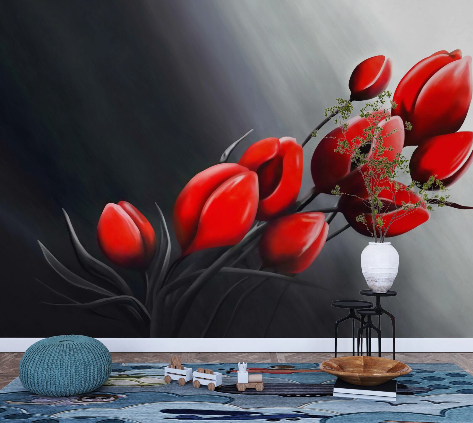 Фотошпалери яскраво-червоні тюльпани, які ще не розкрилися