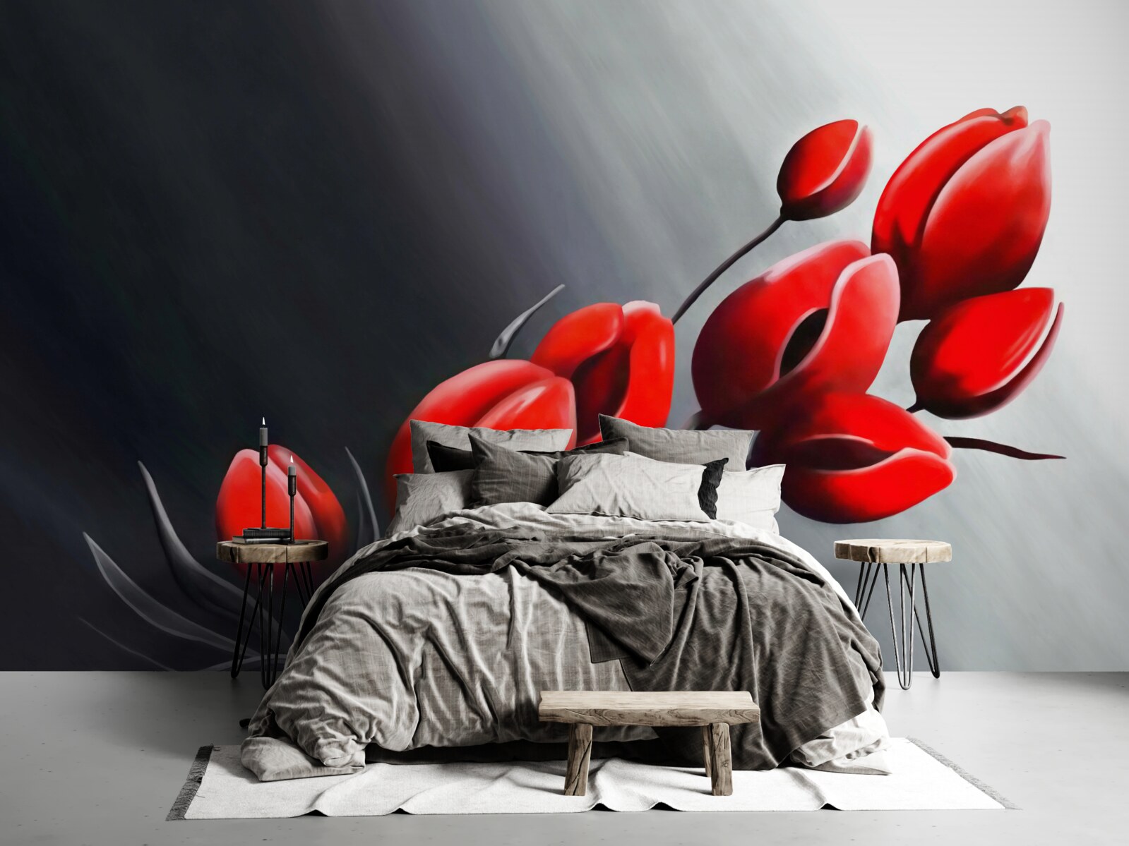 Фотошпалери яскраво-червоні тюльпани, які ще не розкрилися