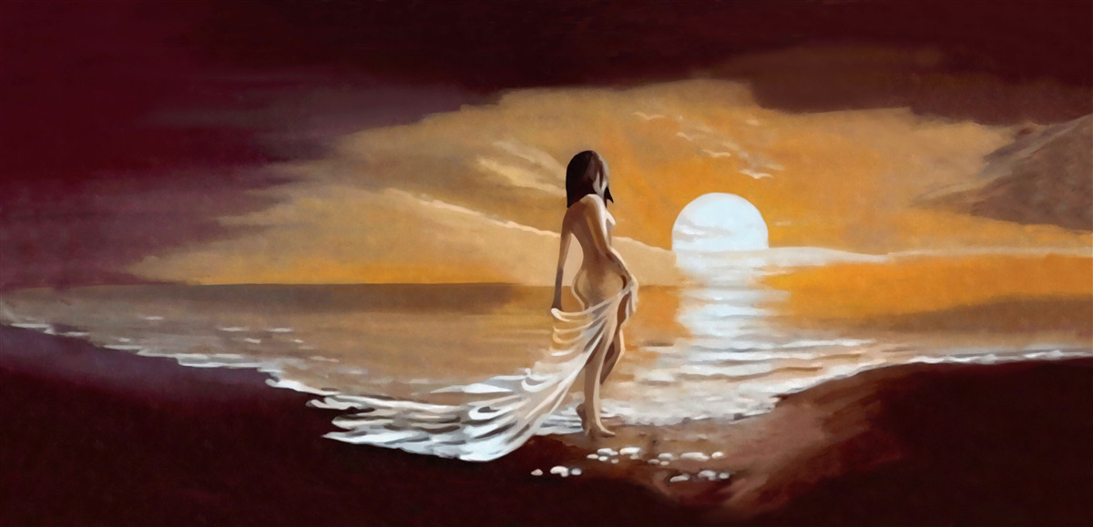 Фотошпалери дівчина спостерігає за заходом сонця над берегом моря