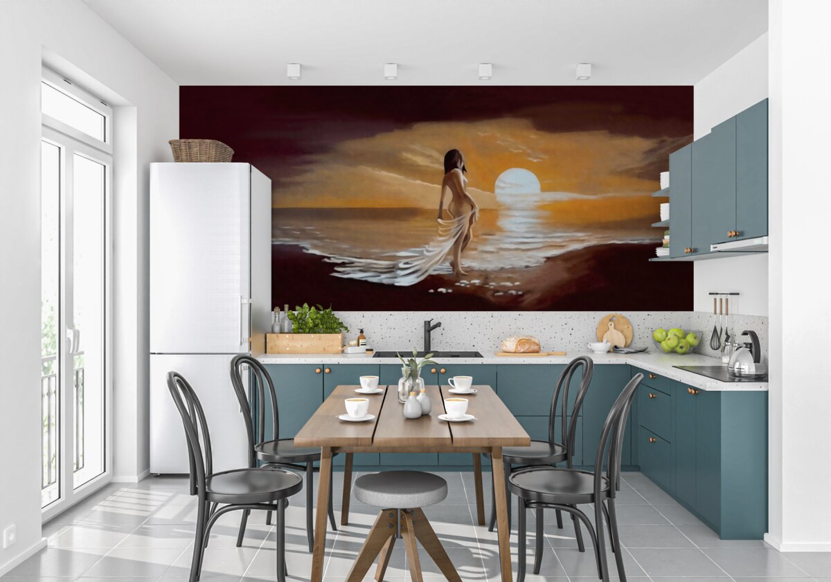 Фотошпалери дівчина спостерігає за заходом сонця над берегом моря