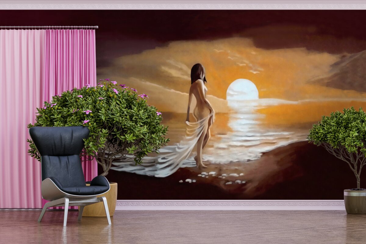 Фотошпалери дівчина спостерігає за заходом сонця над берегом моря