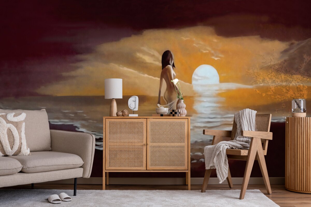 Фотошпалери дівчина спостерігає за заходом сонця над берегом моря