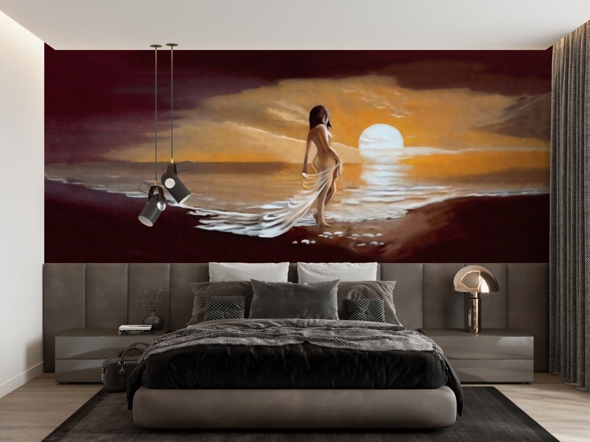 Фотошпалери дівчина спостерігає за заходом сонця над берегом моря