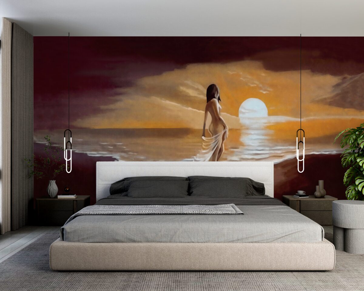 Фотошпалери дівчина спостерігає за заходом сонця над берегом моря